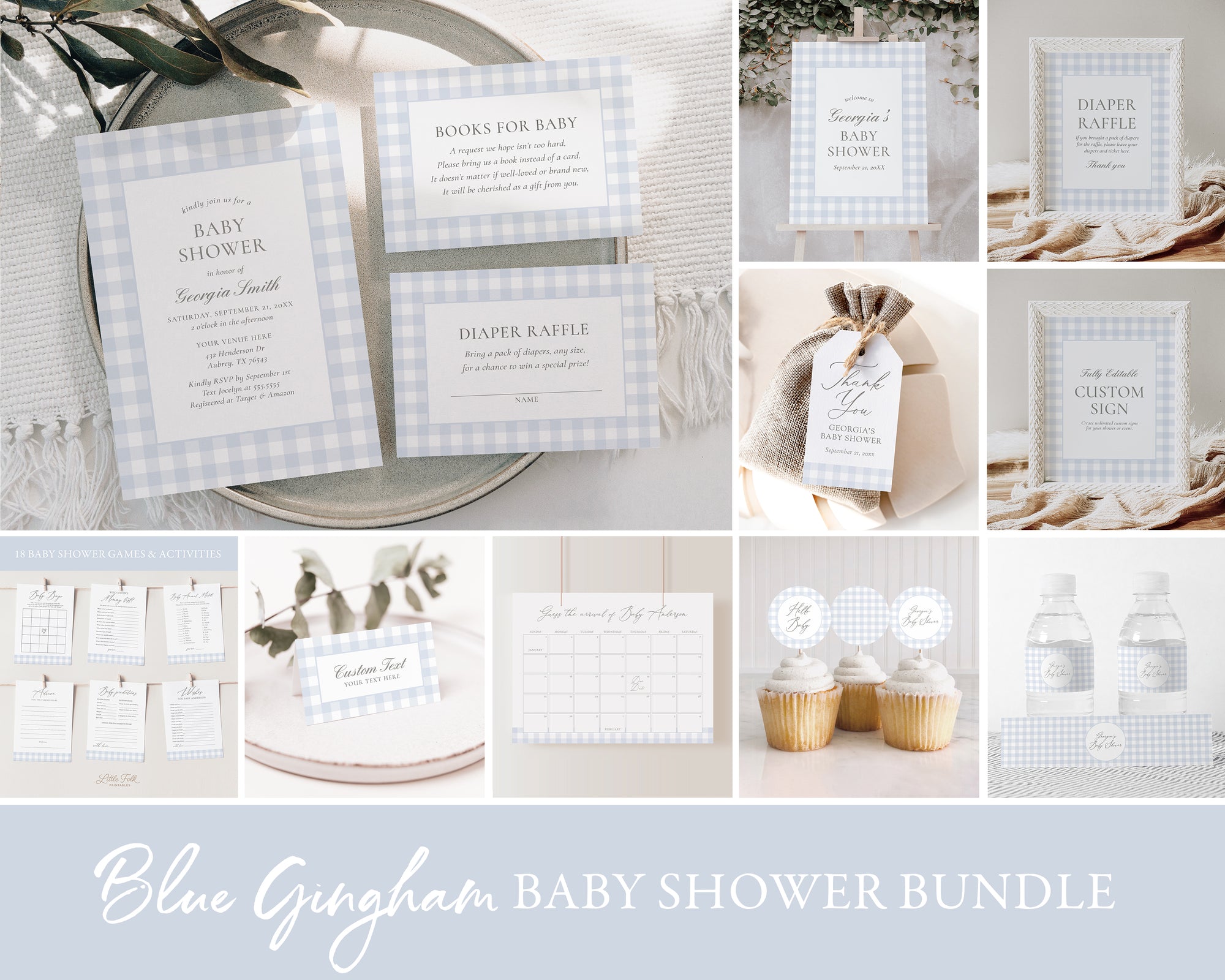 Editable Blue Gingham Baby Shower Invitation Bundle