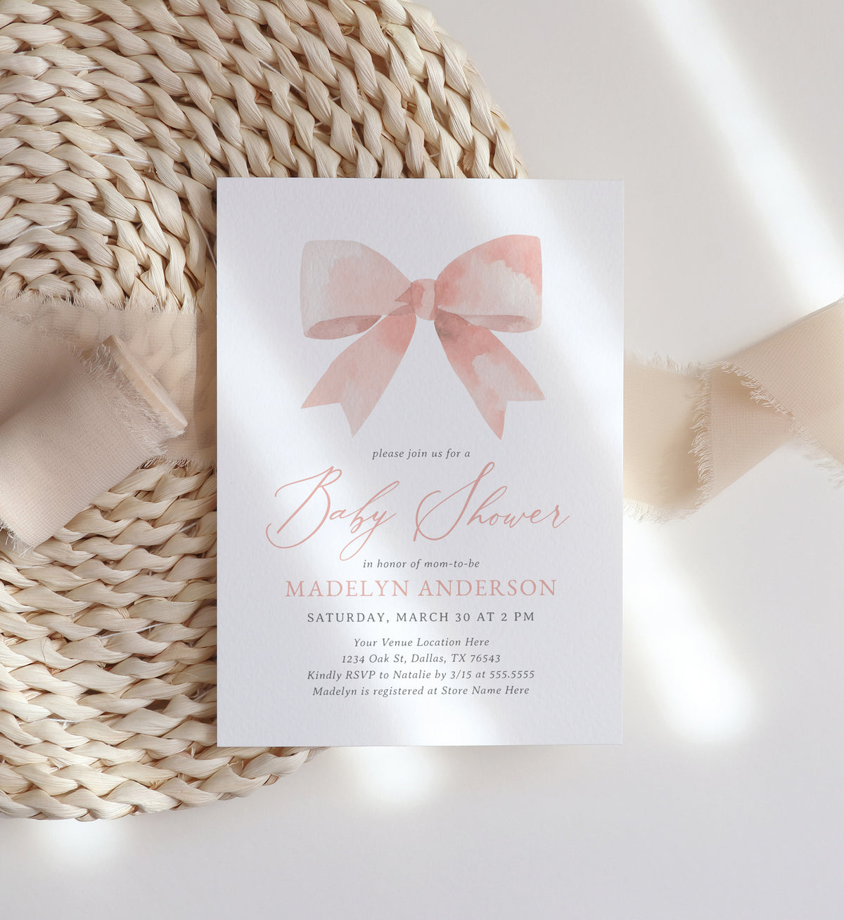 Editable Pink Bow Baby Shower Invitation Template