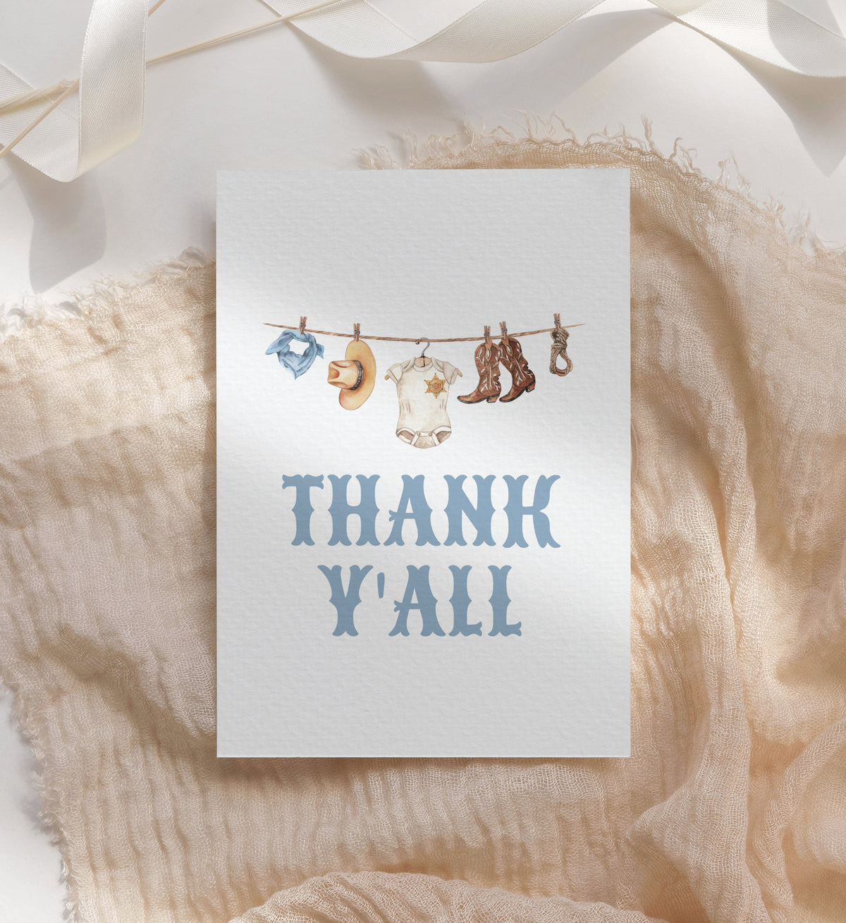Cowboy Clothesline Baby Shower Folded Thank You Card Template