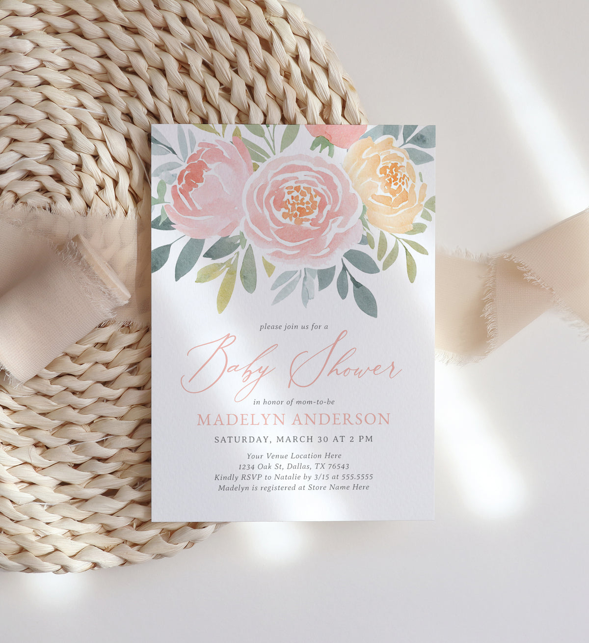 Blush and Peach Floral Baby Shower Invitation