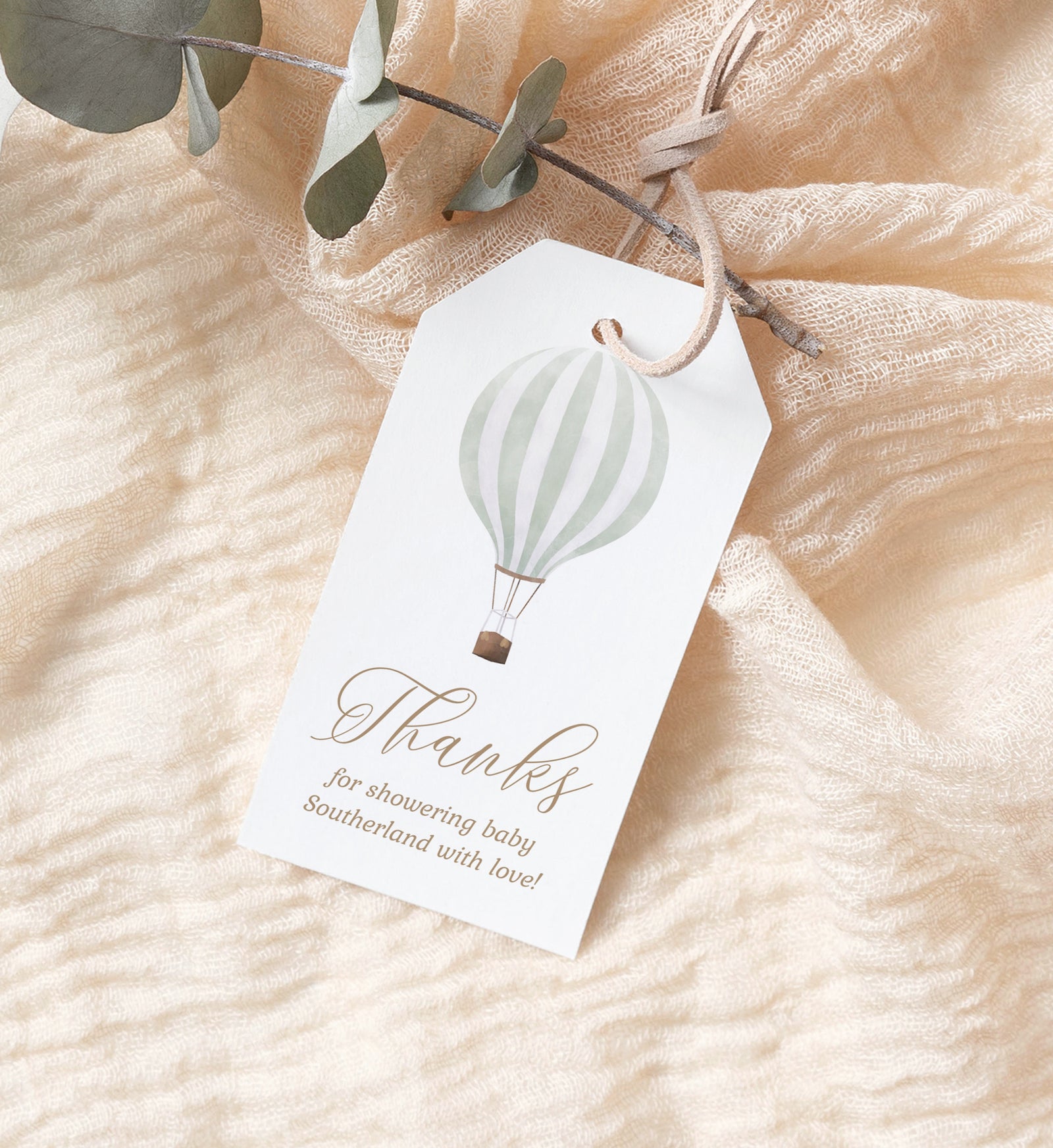 Editable Green Hot Air Balloon Baby Shower Favor Tag Template