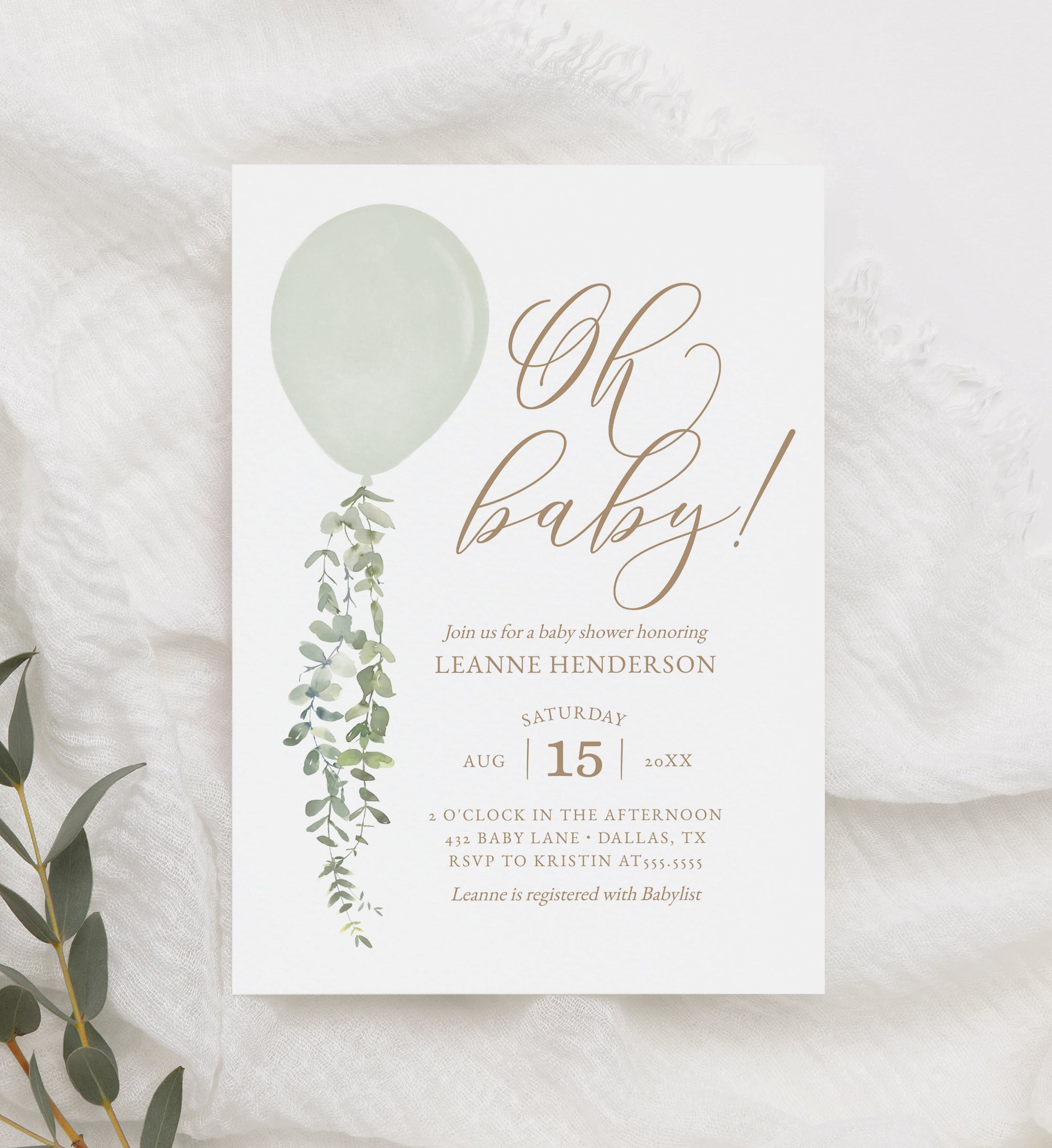 Editable Green Balloon Baby Shower Invitation Template