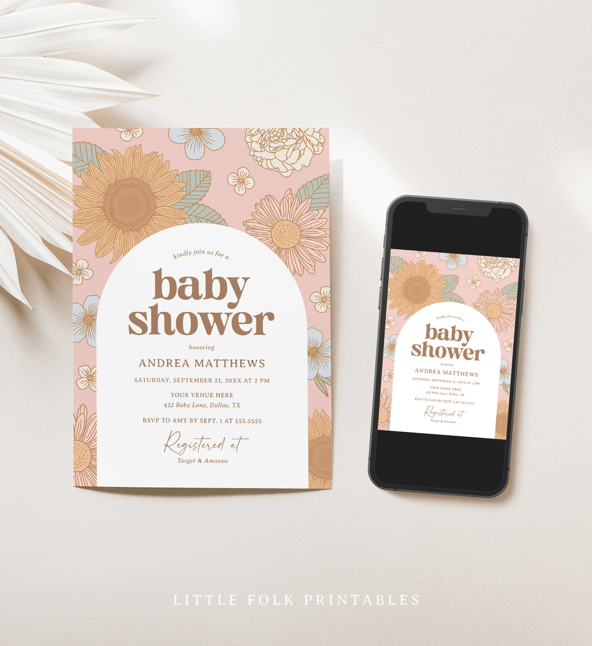 Editable Retro Wildflower Baby Shower Invitation Template
