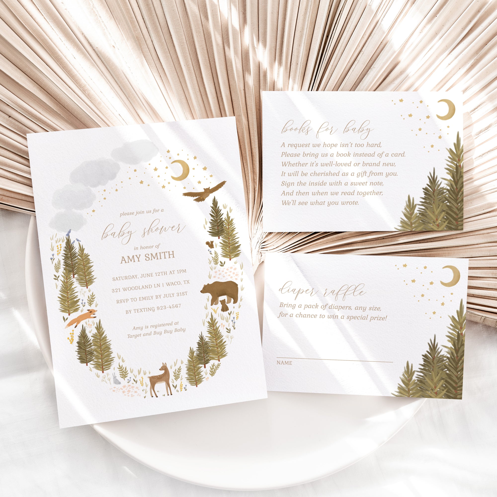 Editable Woodland Wreath Baby Shower Invitation Suite Template - Set of 3