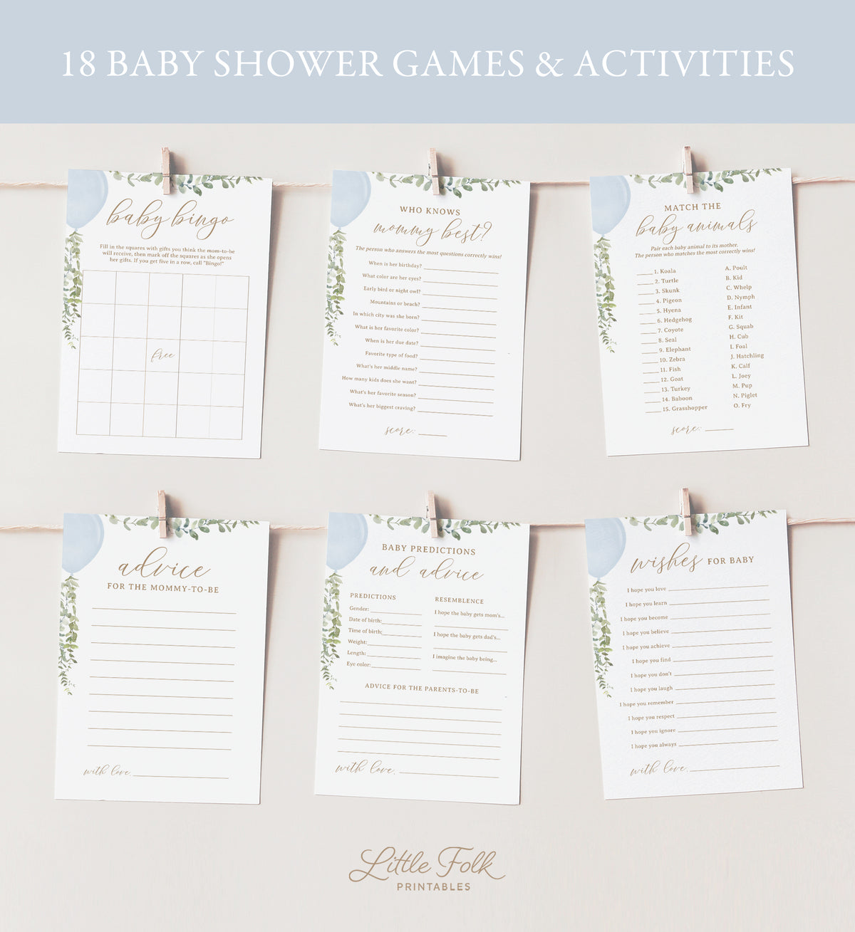 Editable Blue Balloon Baby Shower Games Bundle