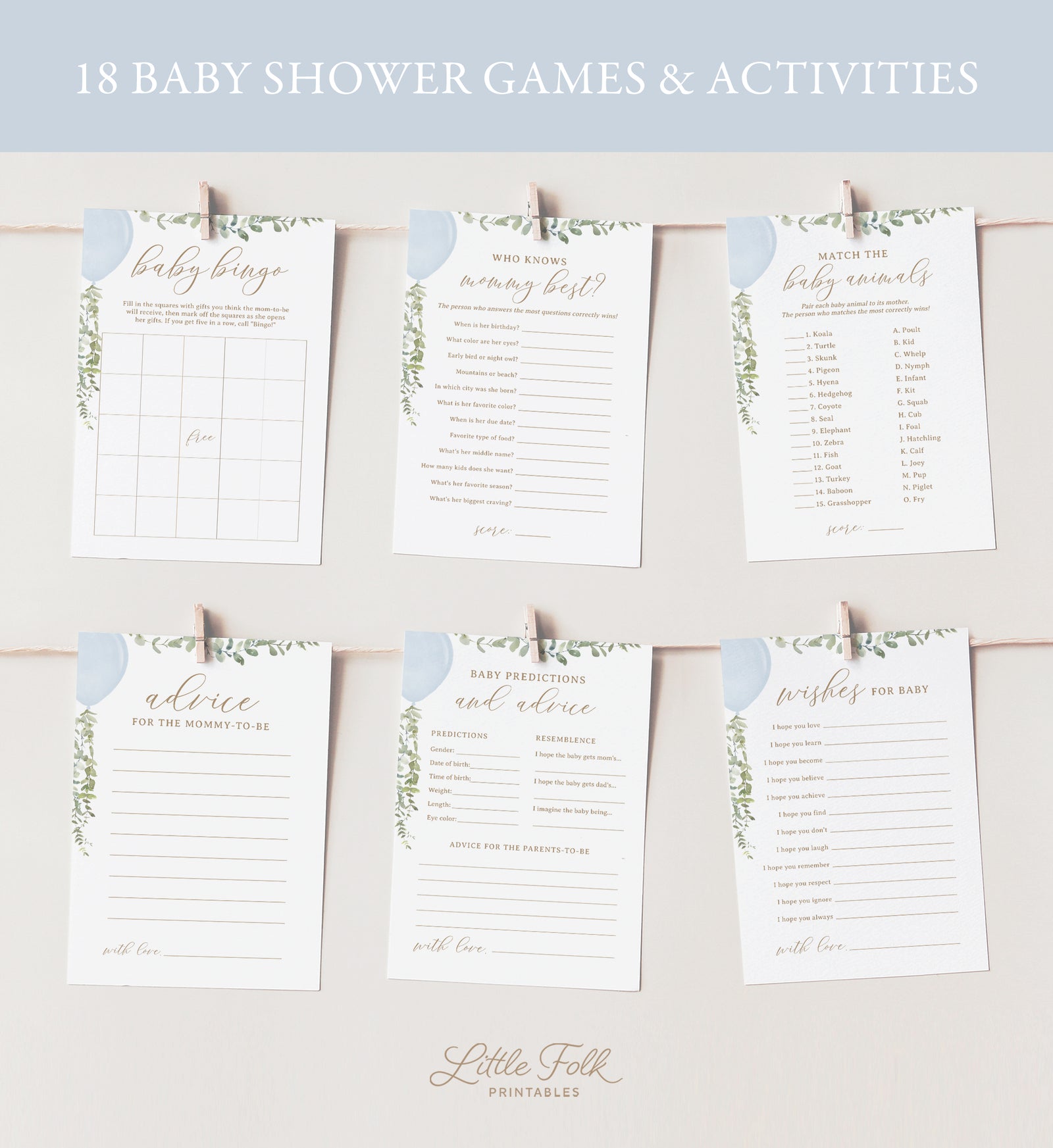 Editable Blue Balloon Baby Shower Games Bundle