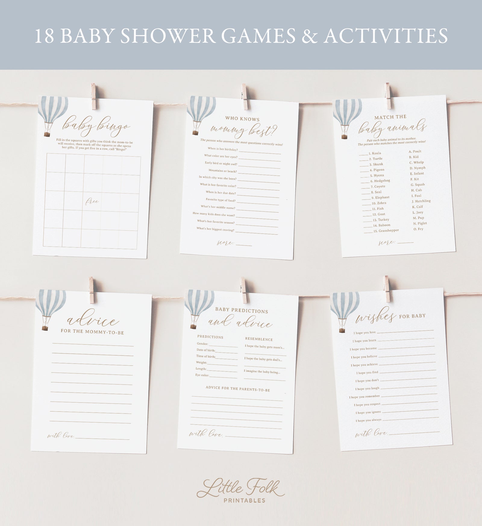 Editable Blue Hot Air Balloon Baby Shower Games Bundle