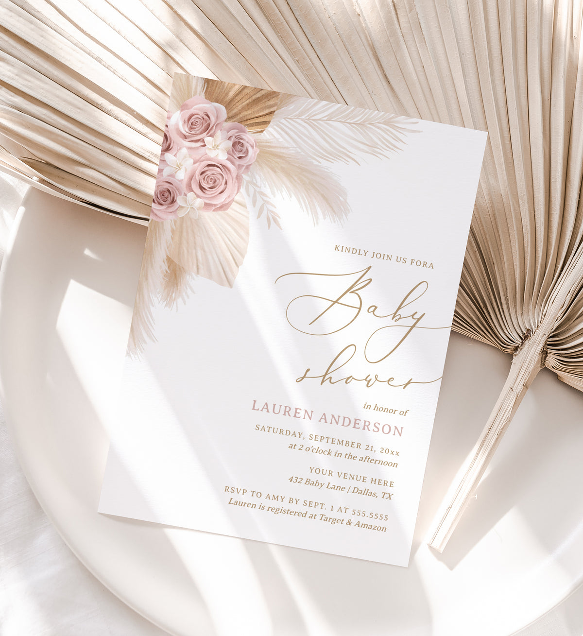 Pink Floral Pampas Grass Baby Shower Invitation Template