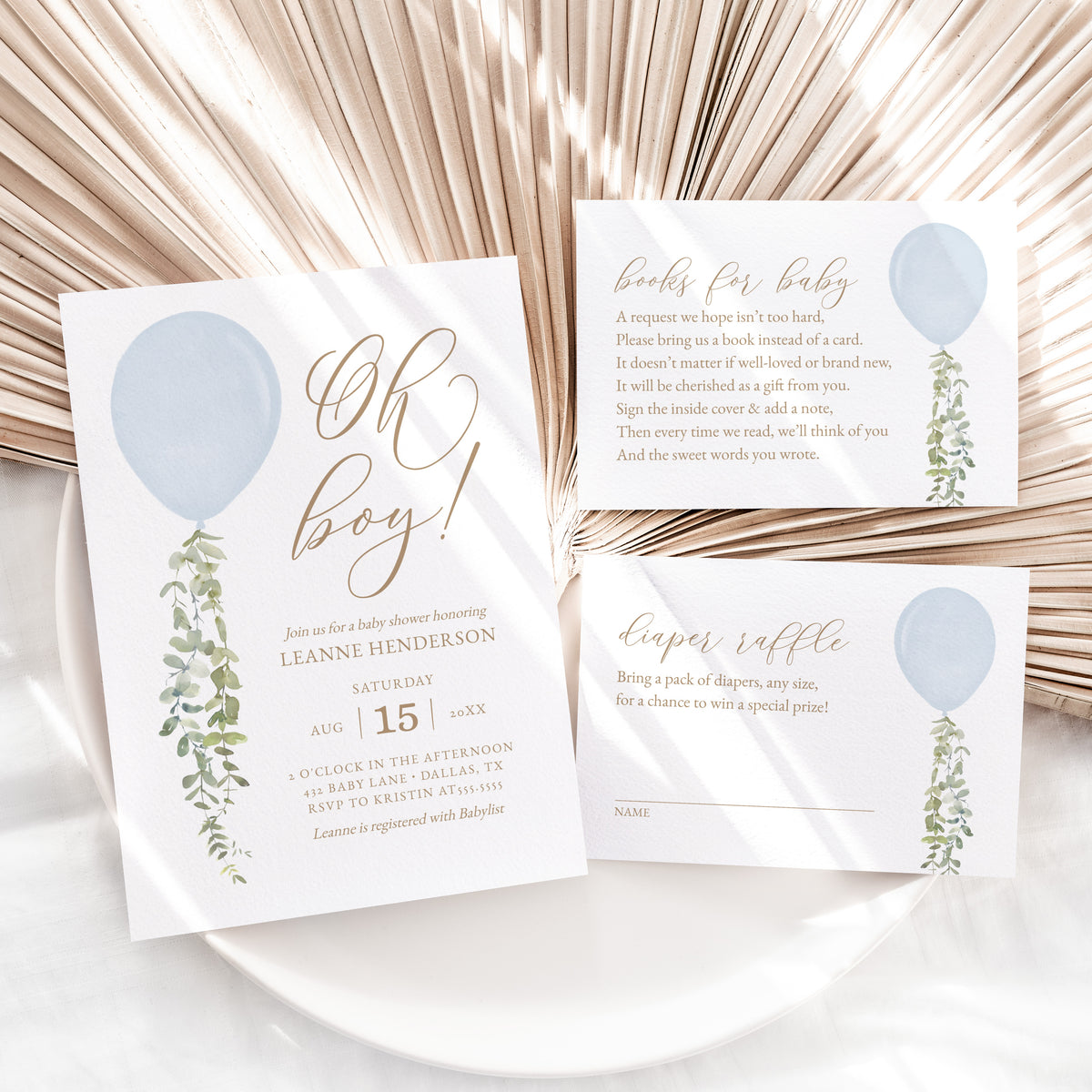 Editable Blue Balloon Baby Shower Invitation Suite Template - Set of 3