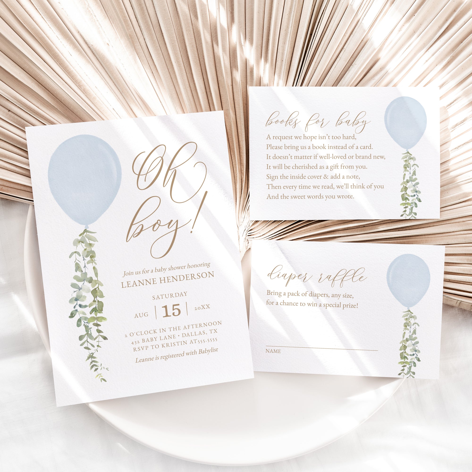 Editable Blue Balloon Baby Shower Invitation Suite Template - Set of 3