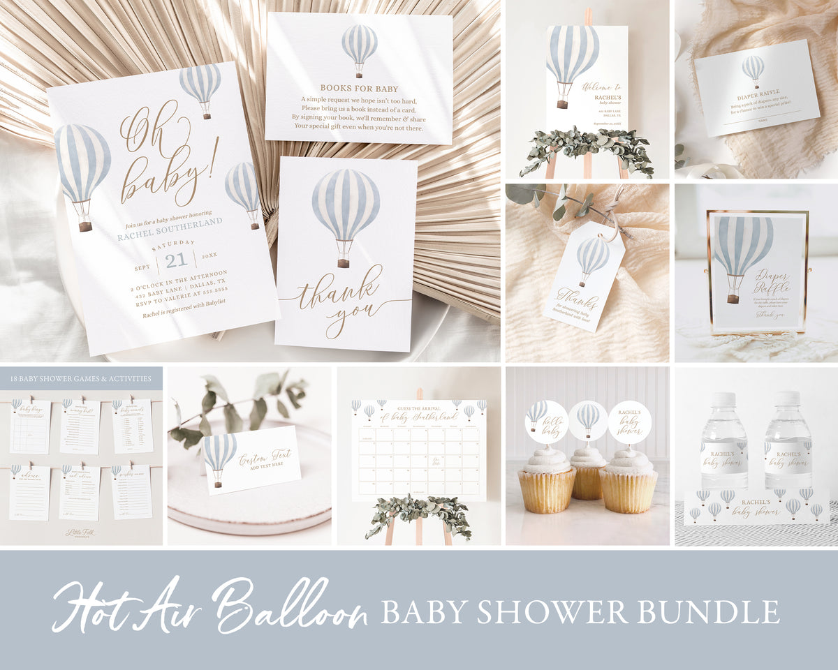 Editable Blue Hot Air Balloon Baby Shower Invitation Bundle