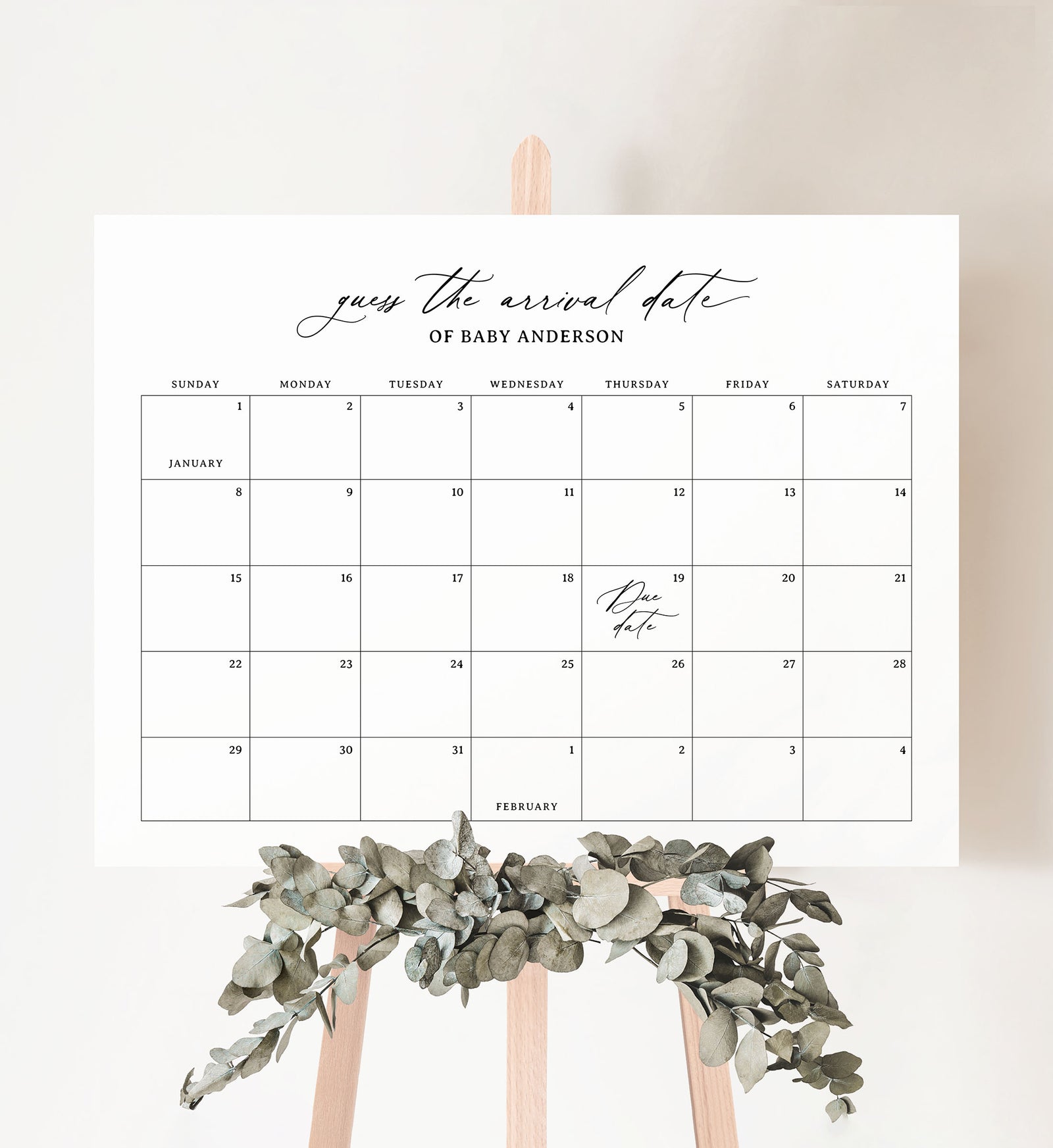 Minimalist Black Script Due Date Calendar Template