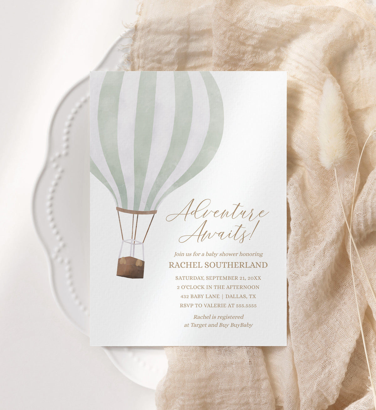 Editable Mint Green Hot Air Balloon Baby Shower Invitation Template - V2