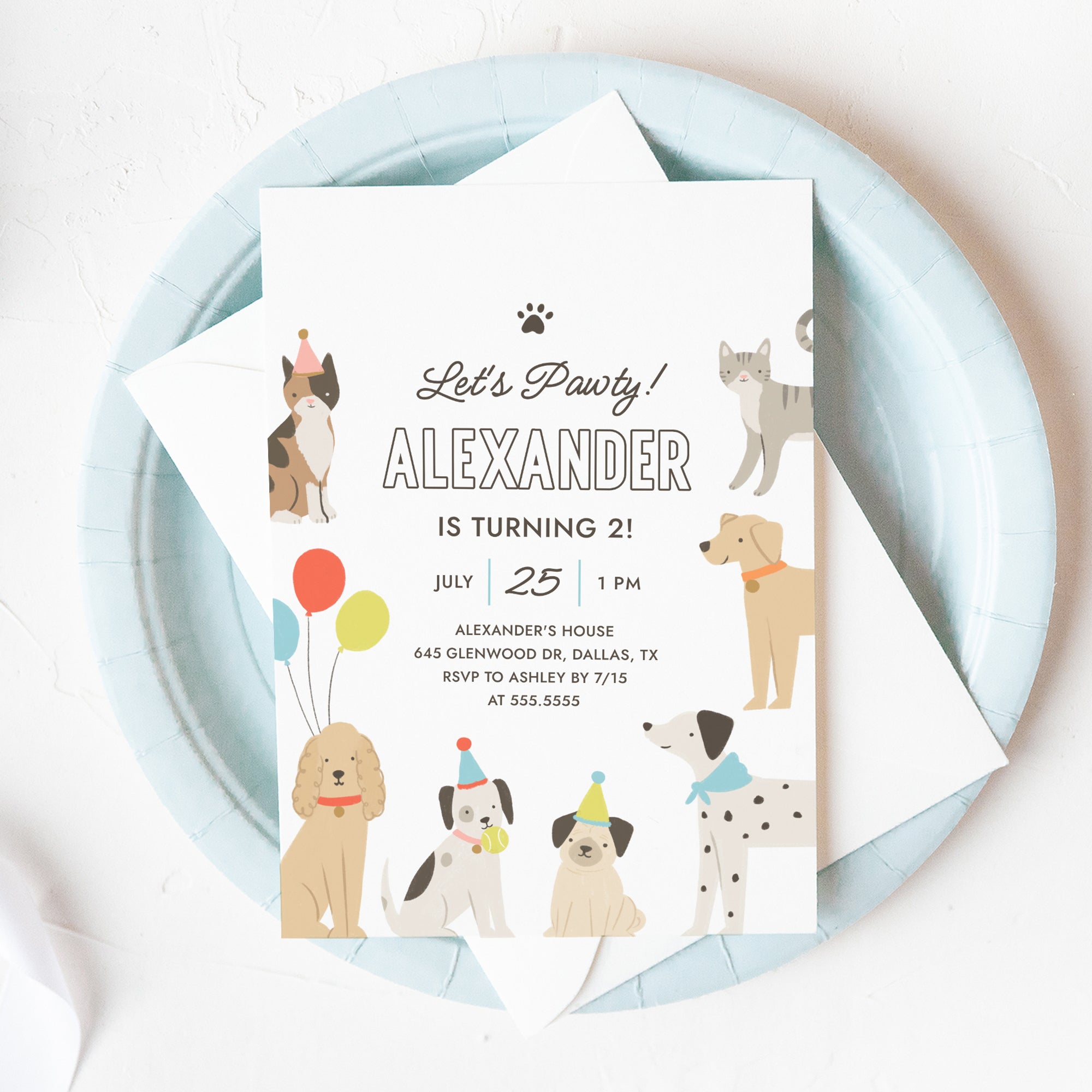 Editable Cats and Dogs Birthday Party Invitation Template