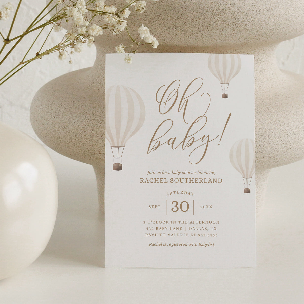 Editable Beige Hot Air Balloon Baby Shower Invitation Bundle