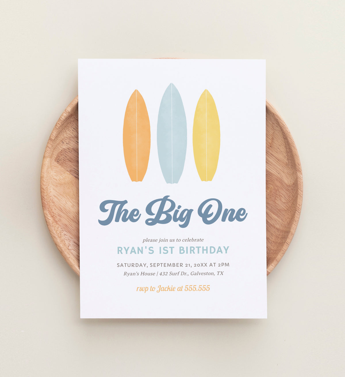 The Big One Surfboard Birthday Invitation Template