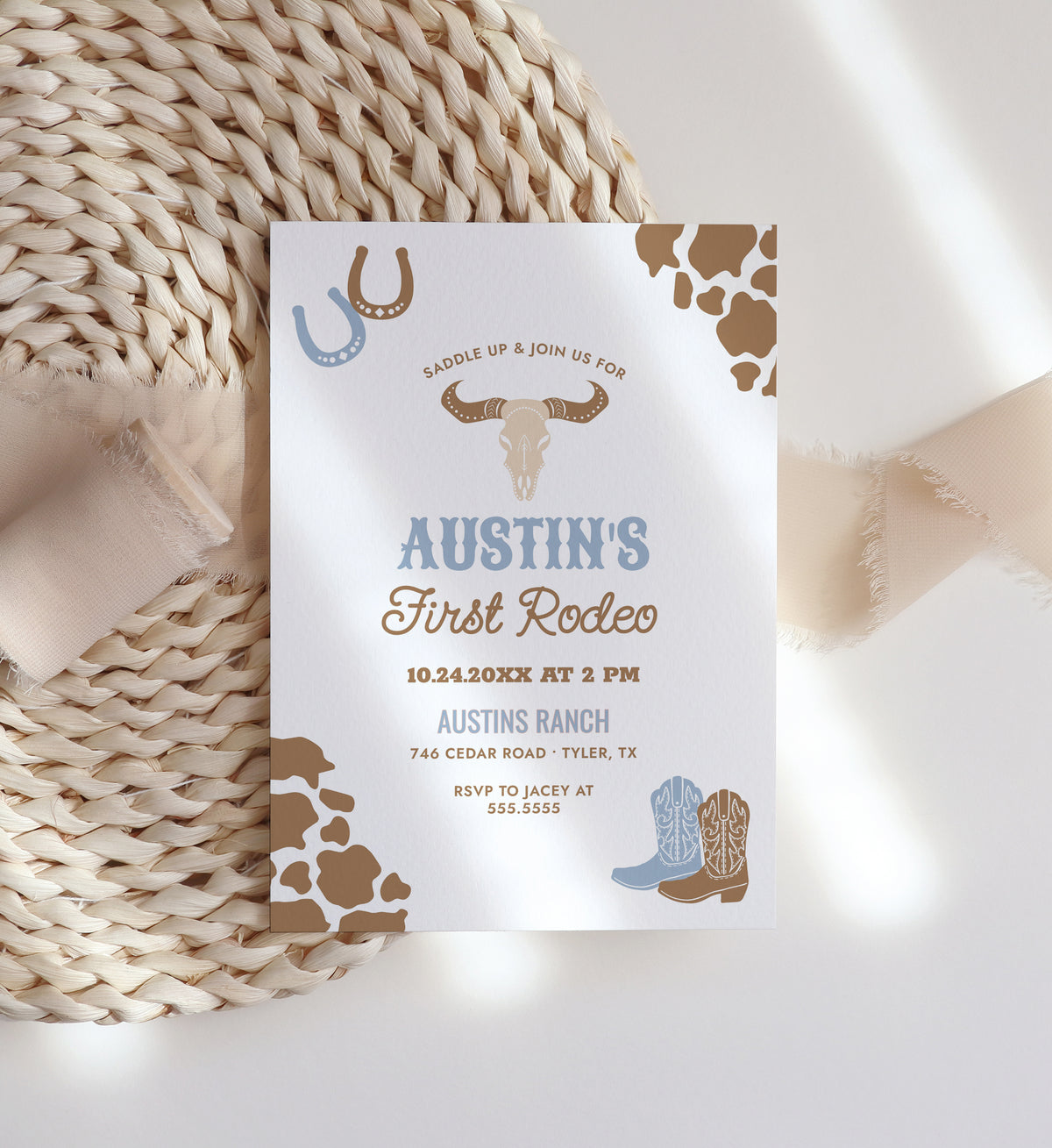 Editable Blue First Rodeo Birthday Invitation Template