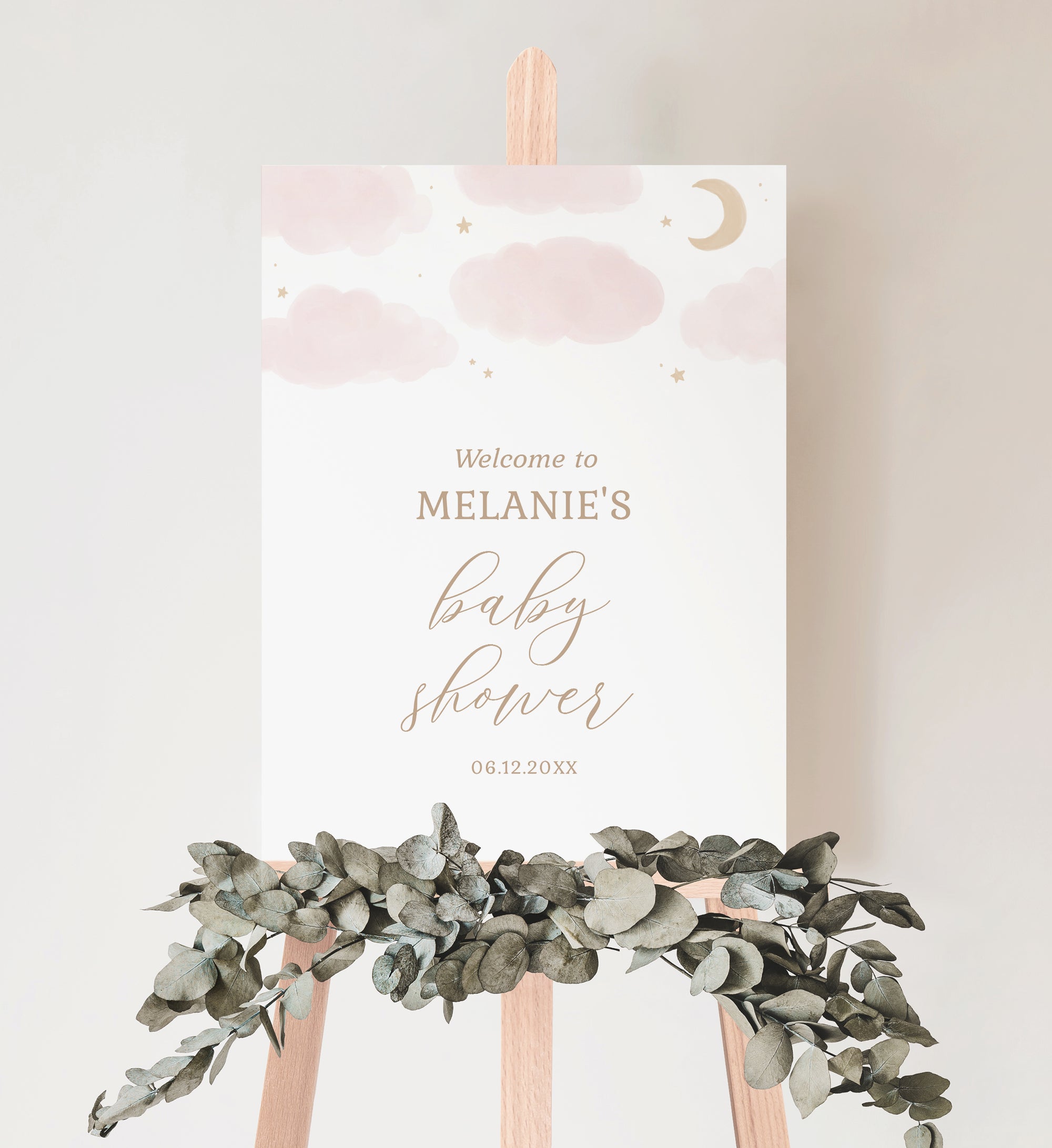 Editable Pink Moon and Stars Baby Shower Welcome Sign Template