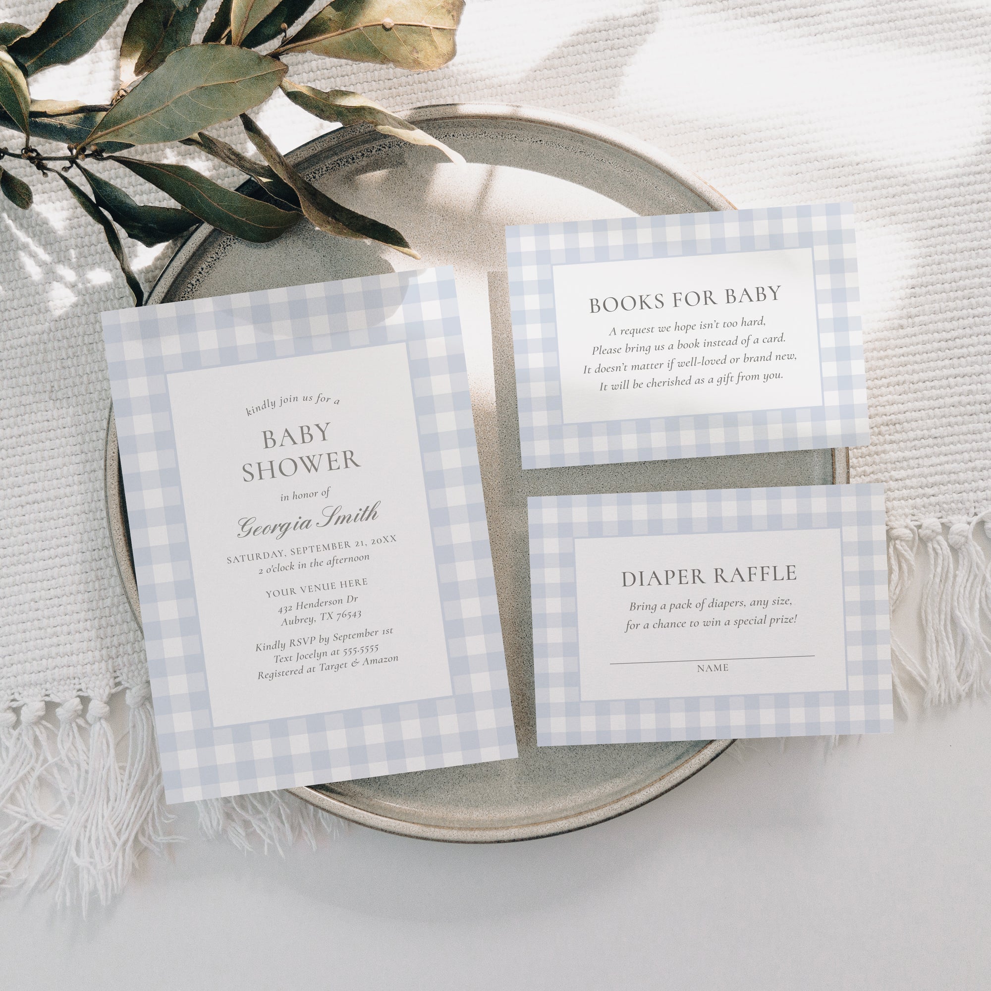 Editable Blue Gingham Baby Shower Invitation Suite Template - Set of 3