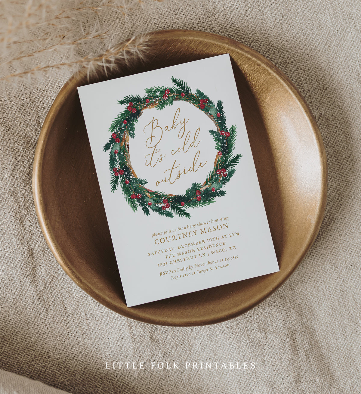 Christmas Wreath Baby Shower Invitation