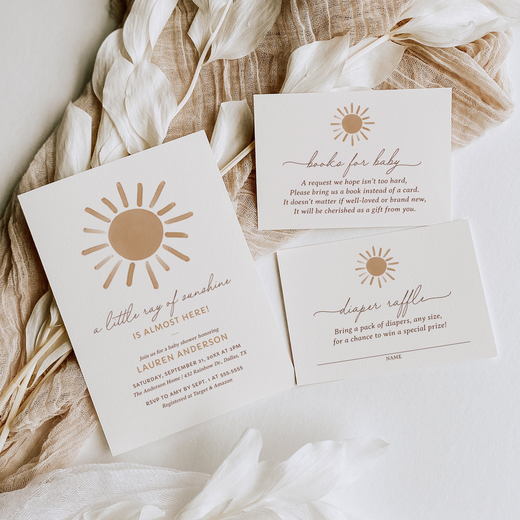 Editable Little Ray of Sunshine Baby Shower Invitation Suite Template - Set of 3