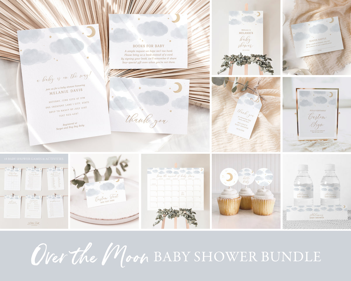 Editable Over the Moon Baby Shower Invitation Bundle