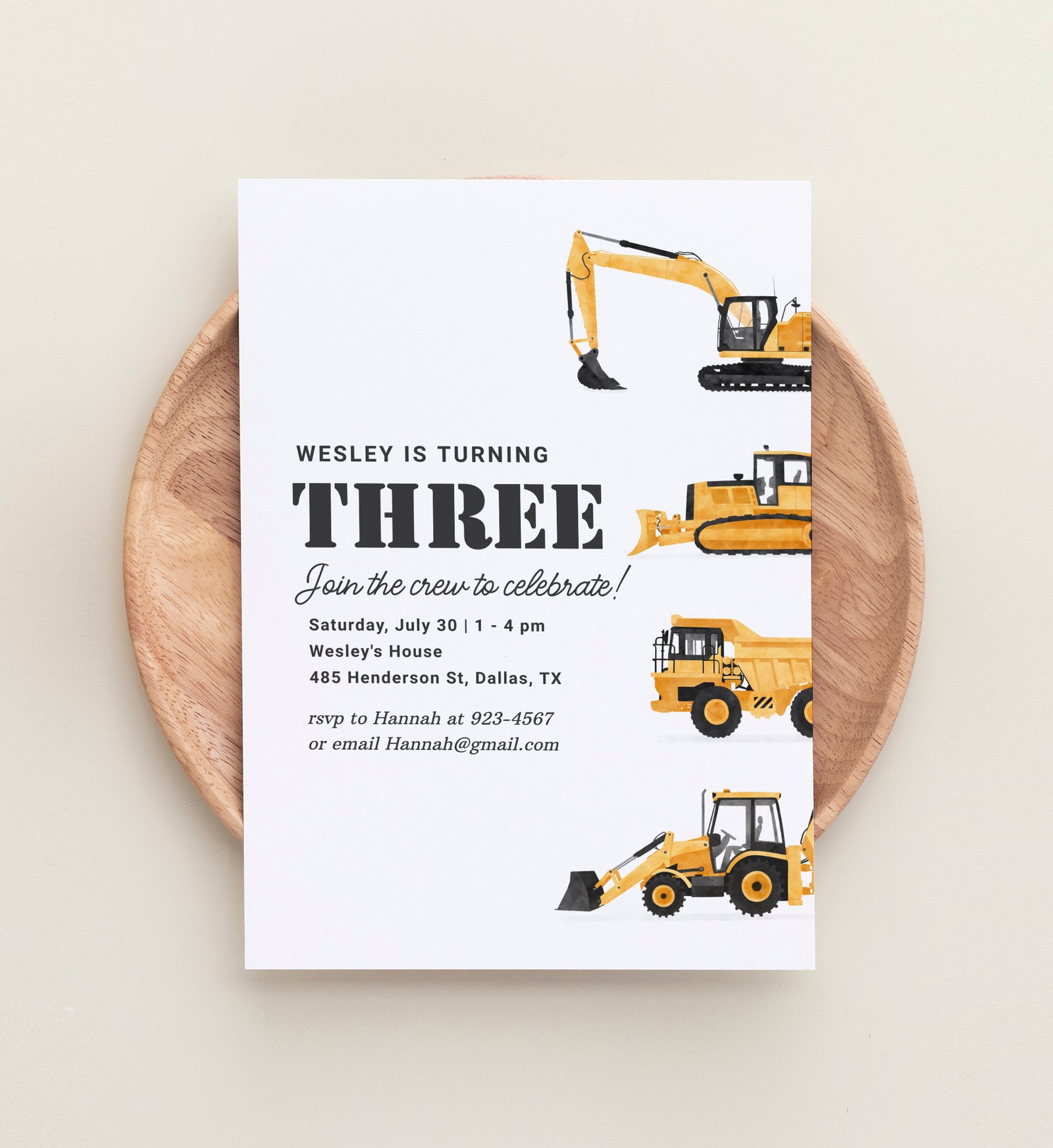 Editable Construction Vehicles 3rd Birthday Invitation Template
