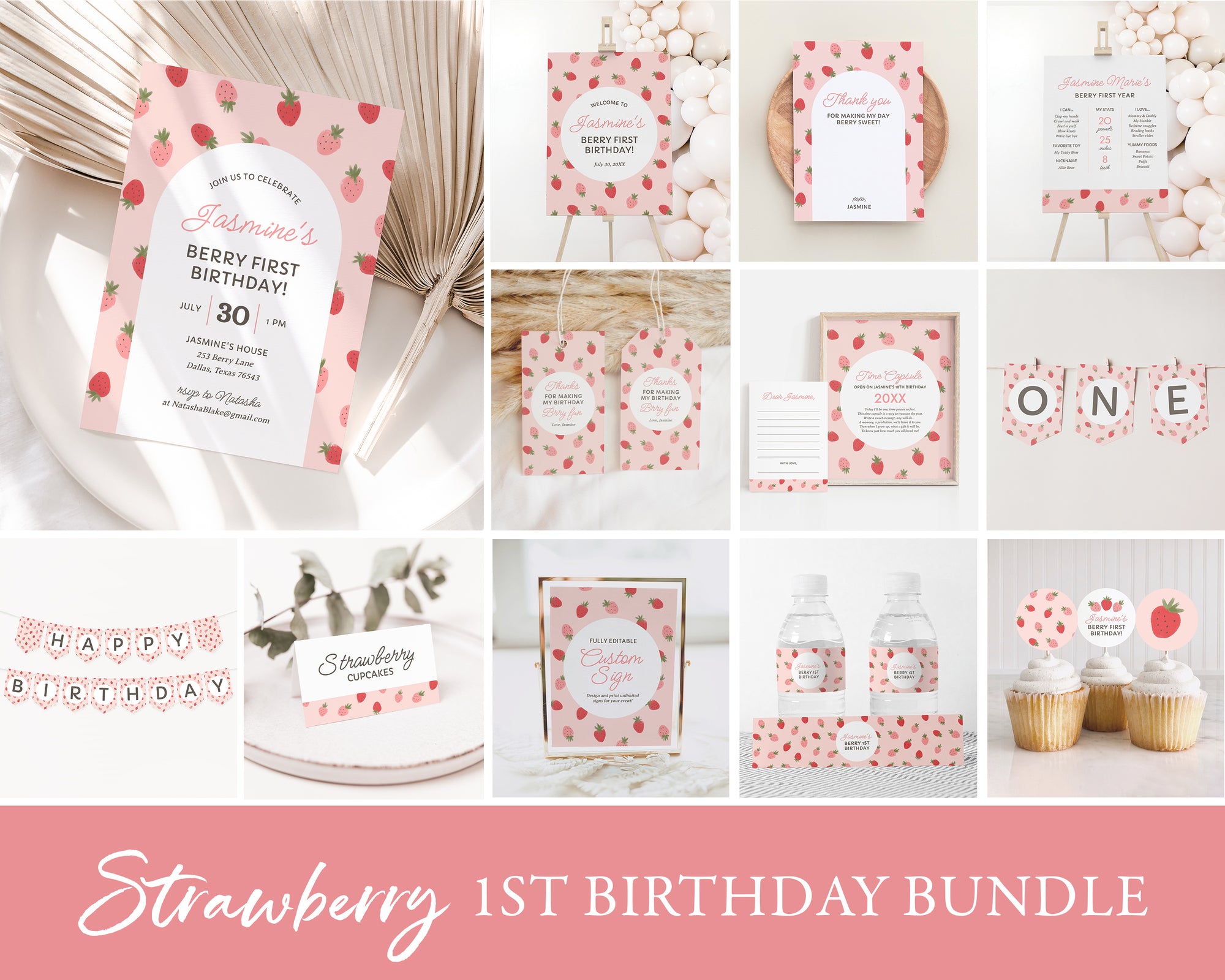 Editable Strawberry 1st Birthday Bundle