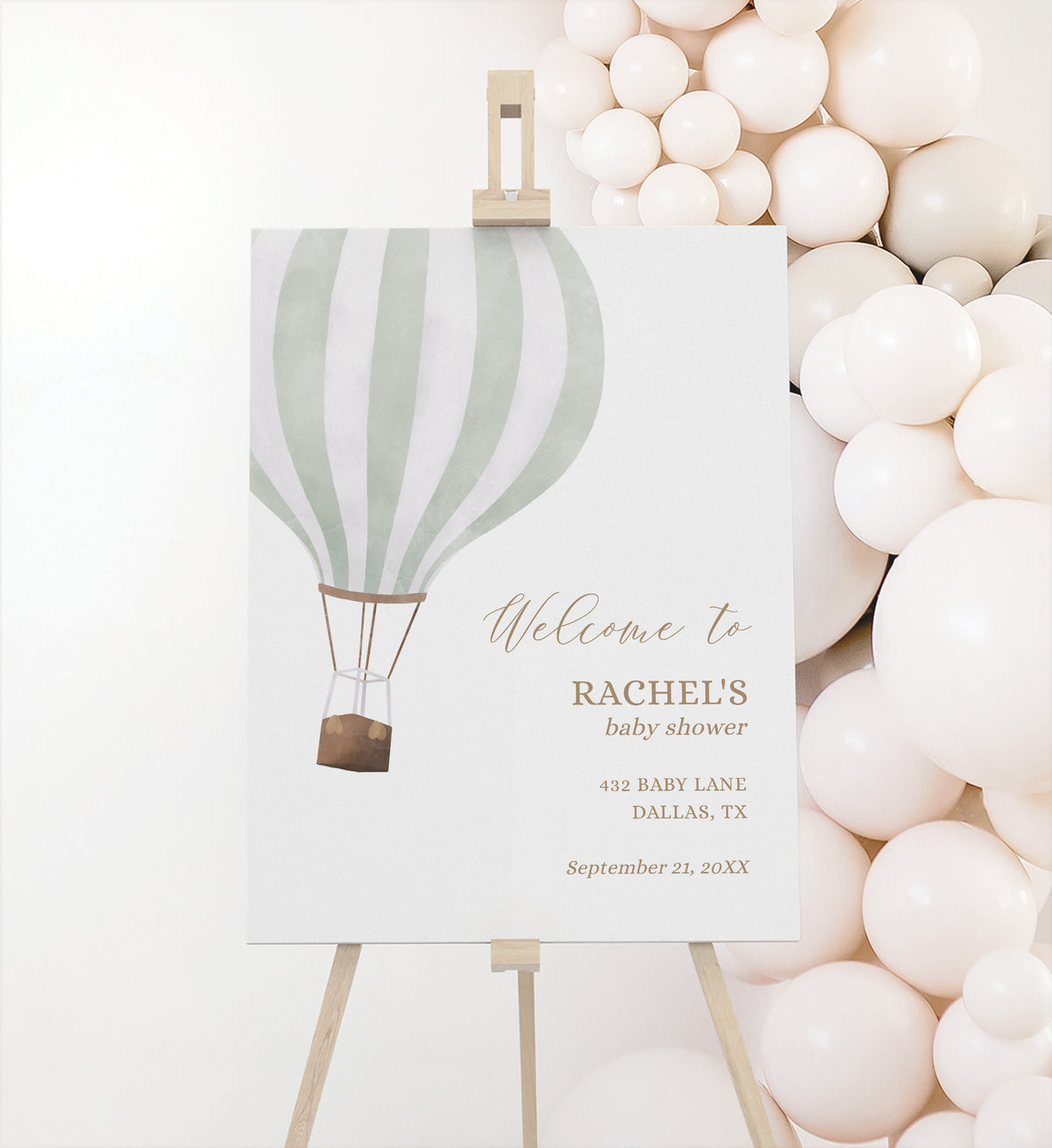Editable Green Hot Air Balloon Baby Shower Welcome Sign Template