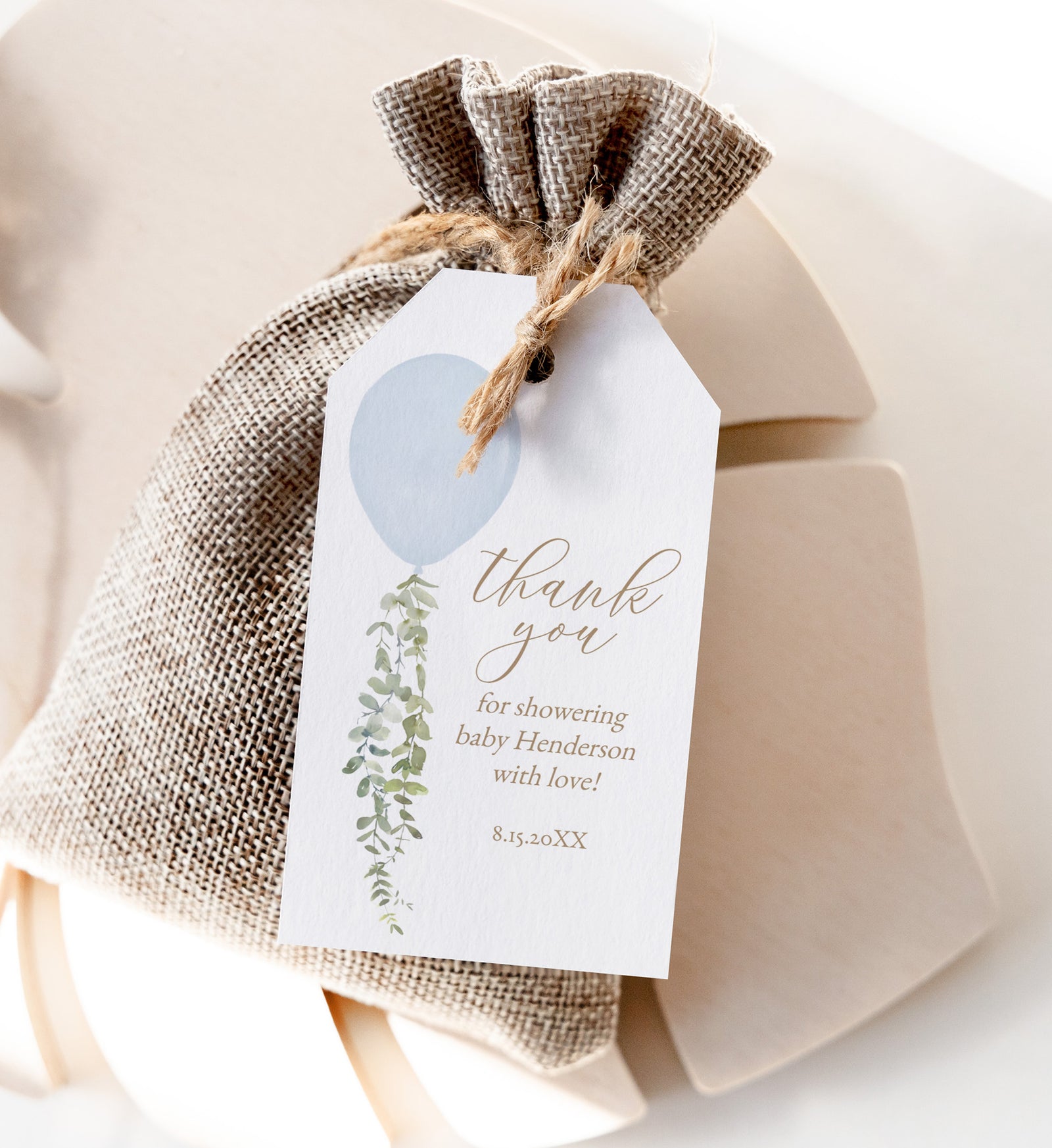 Editable Blue Balloon Baby Shower Rectangle Favor Tag Template