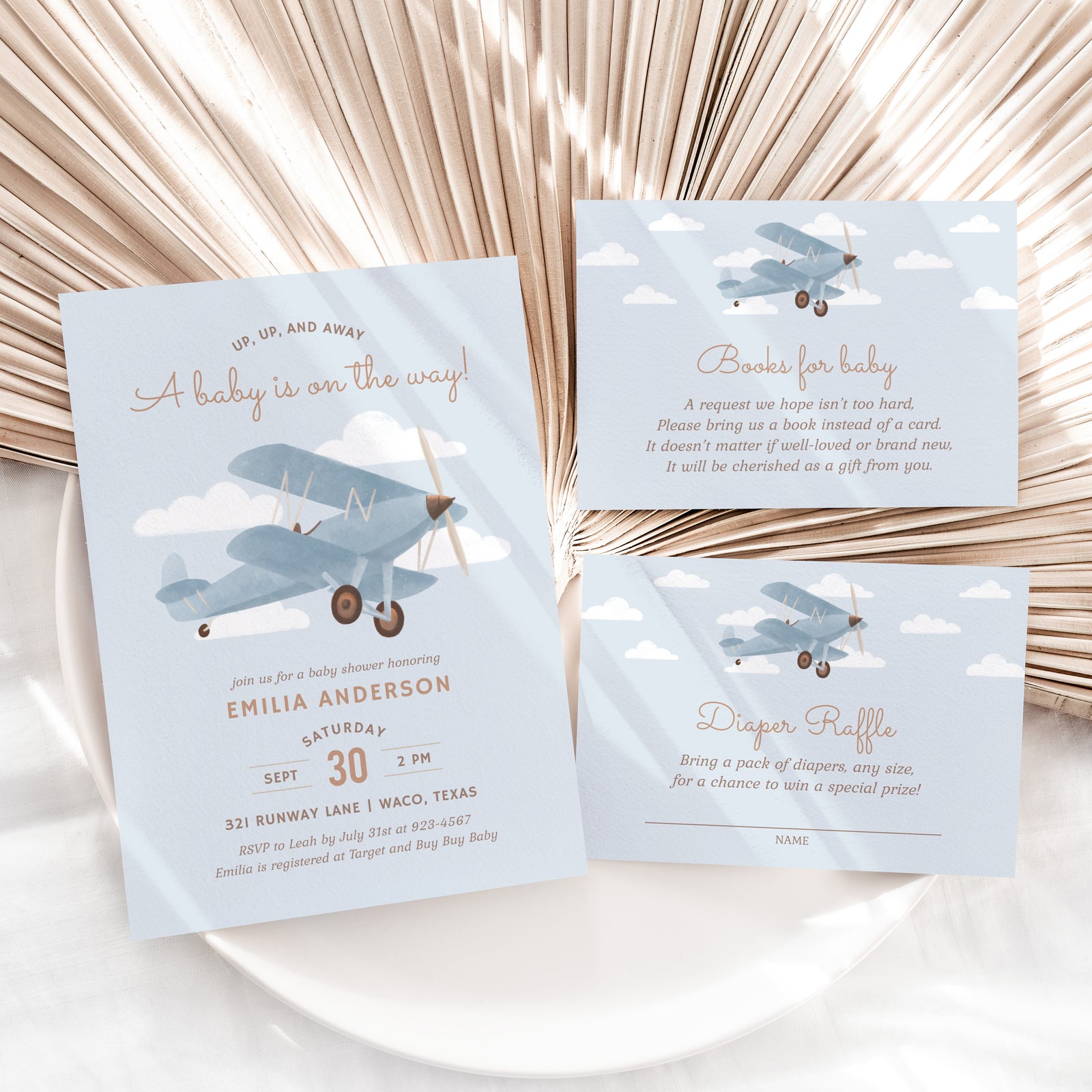 Editable Airplane Baby Shower Invitation Suite Template - Set of 3