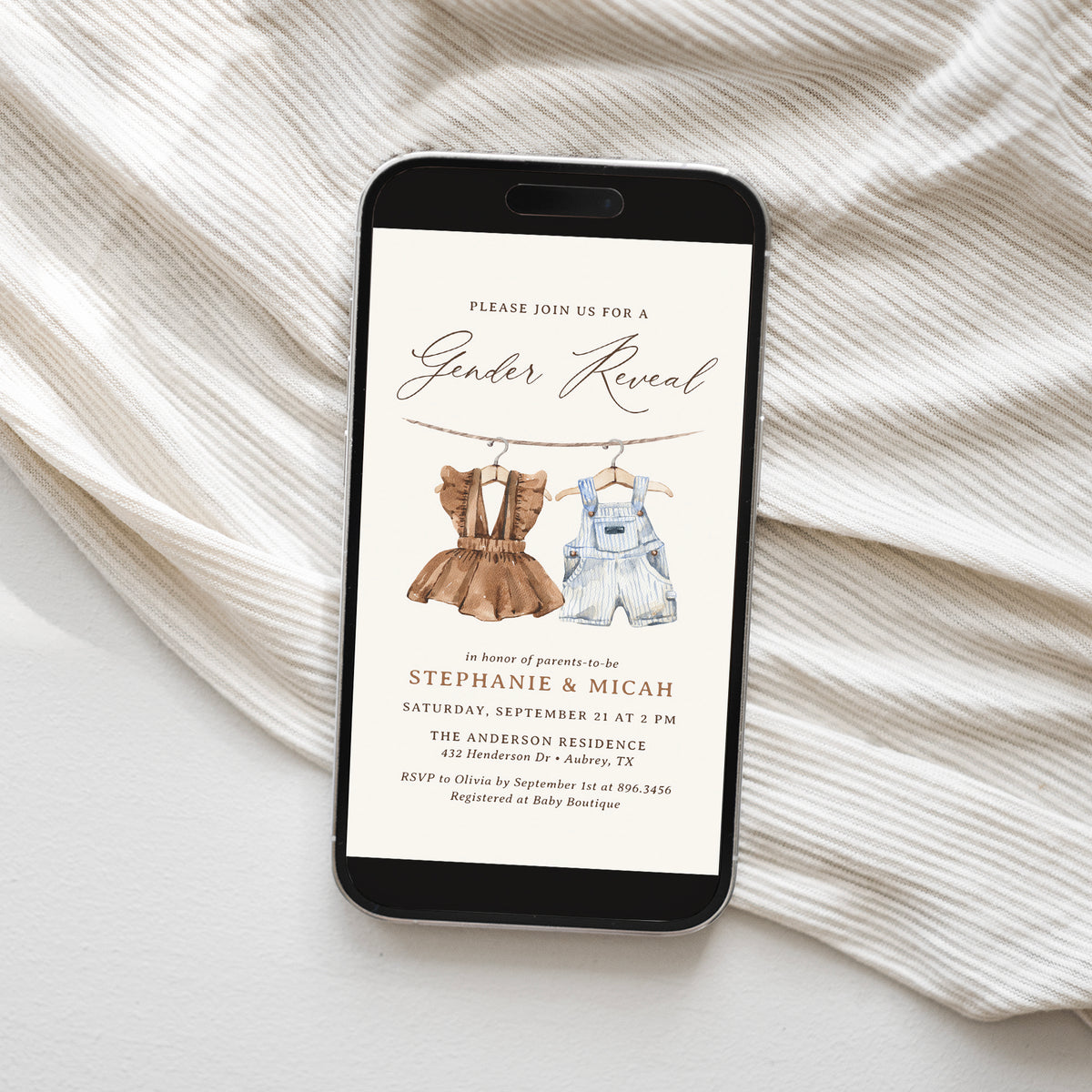 Electronic Boho Baby Clothes Gender Reveal Invitation Template