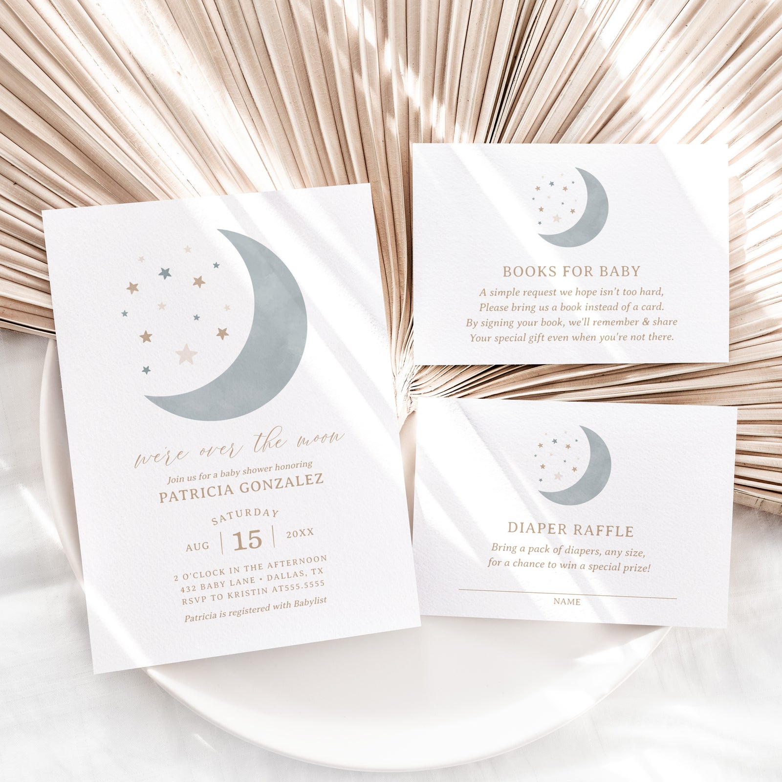 Editable Blue Over the Moon Baby Shower Invitation Suite Template - Set of 3