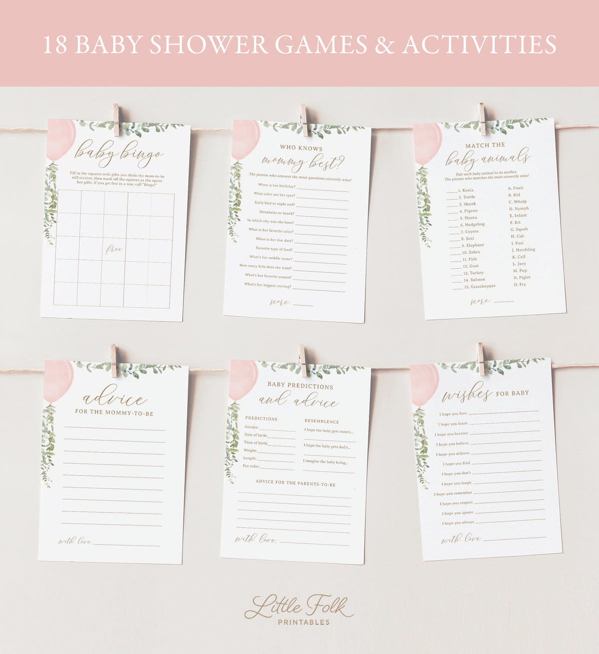 Editable Pink Balloon Baby Shower Games Bundle