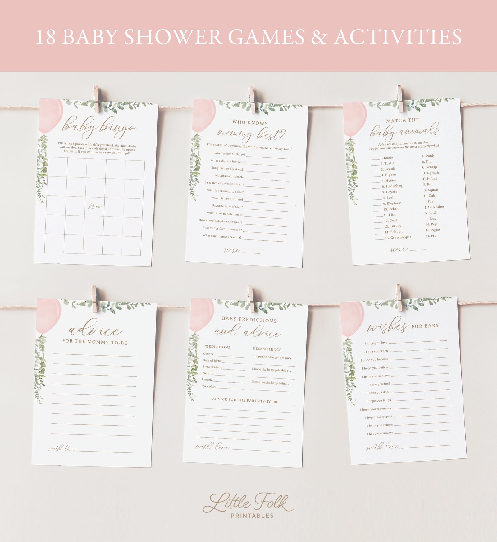 Editable Pink Balloon Baby Shower Games Bundle