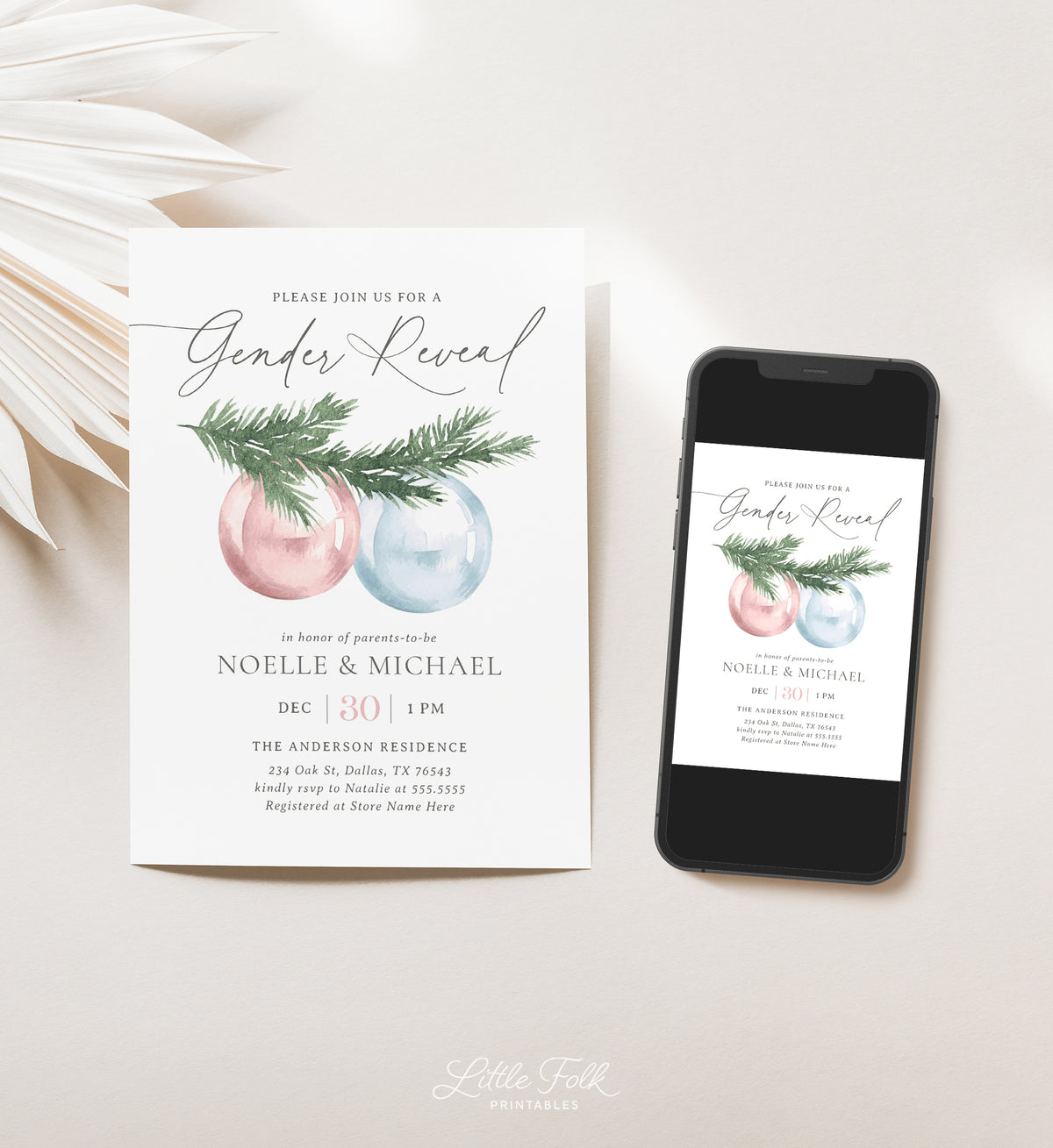 Editable Winter Ornament Gender Reveal Invitation Template