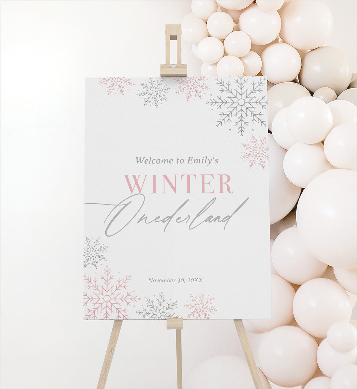 Editable Pink Snowflake Birthday Welcome Sign Template