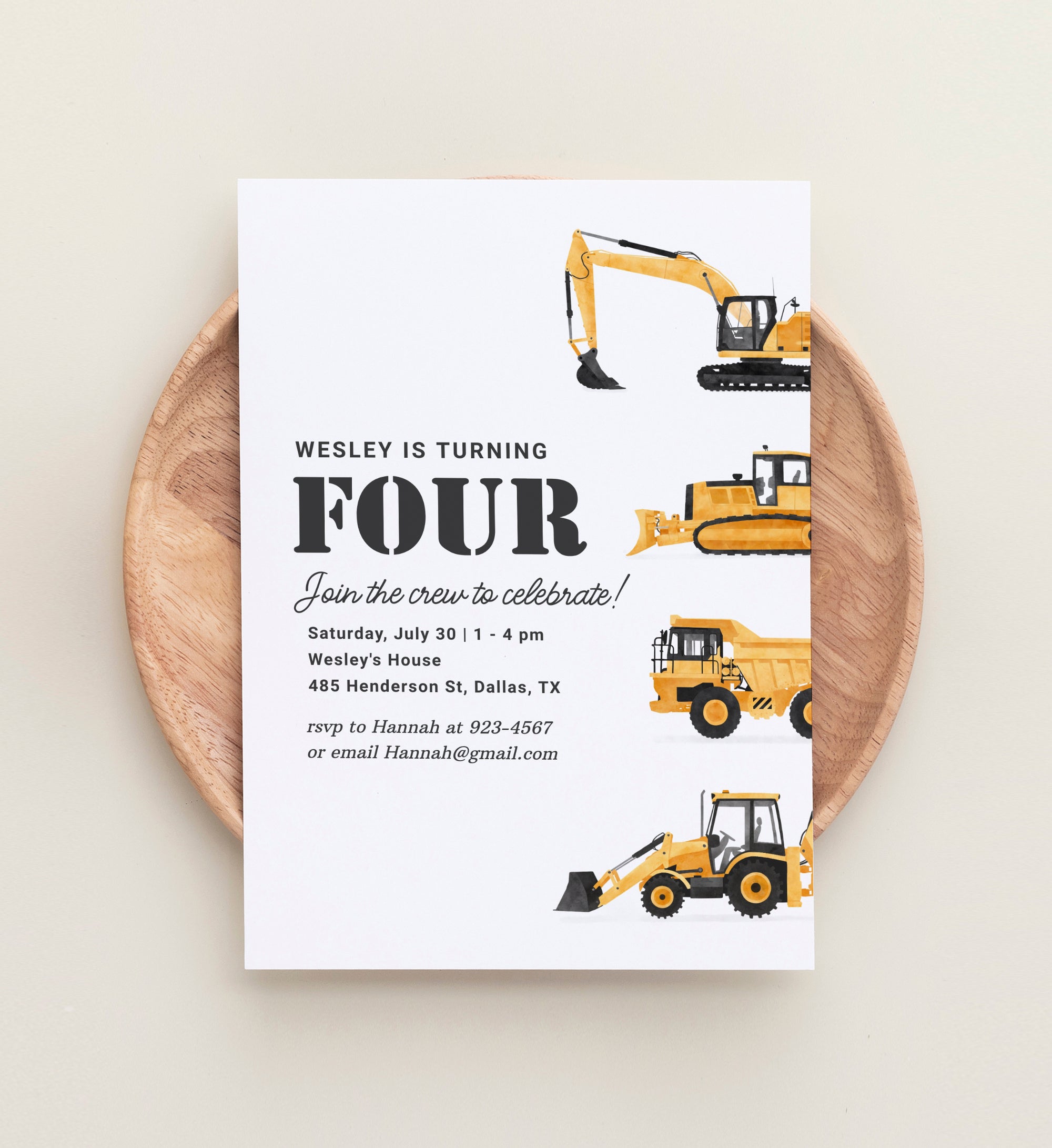 Editable Construction Vehicles 4th Birthday Invitation Template