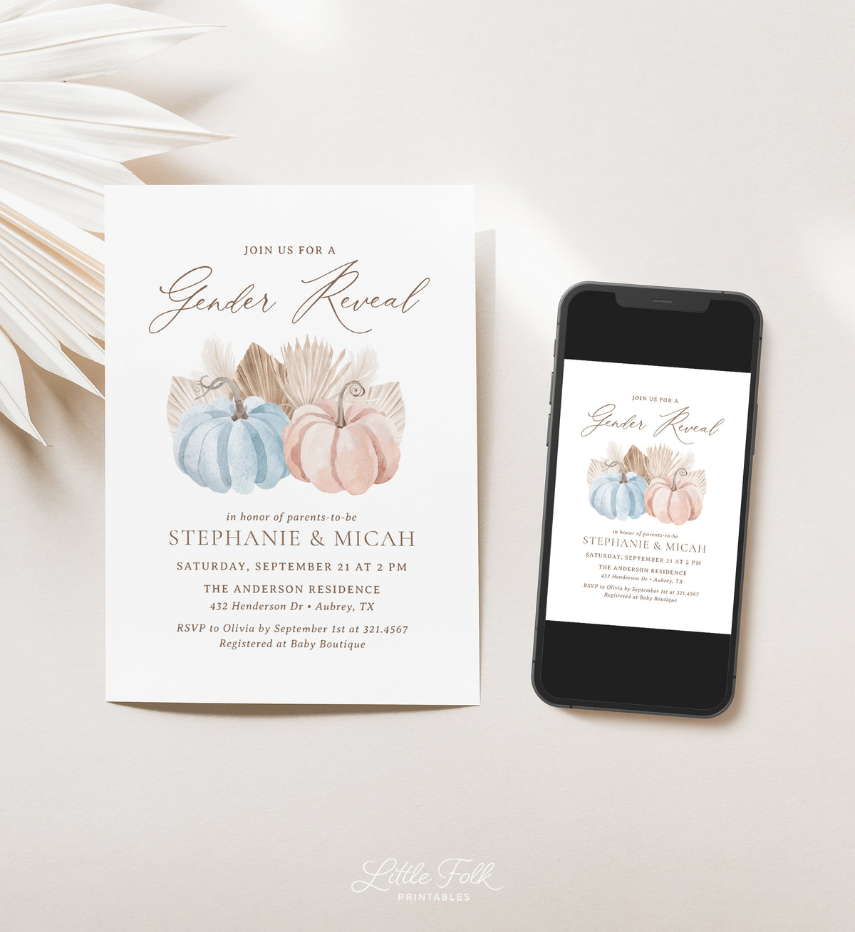 Blue and Pink Pumpkin Gender Reveal Invitation Template