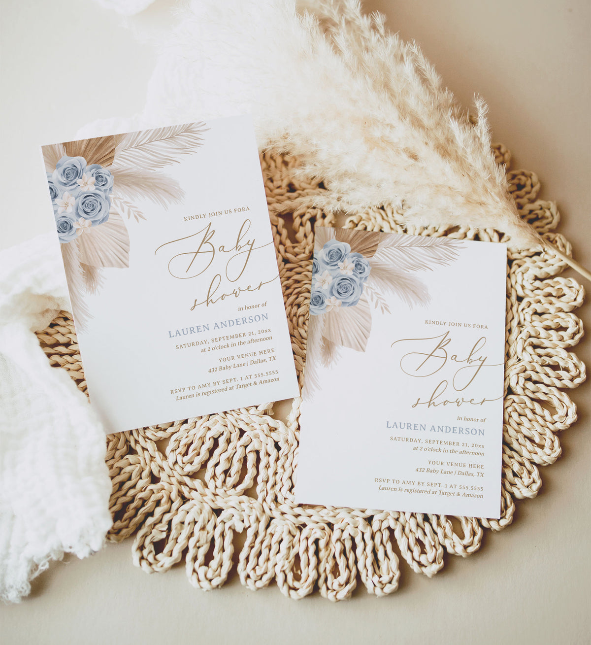 Blue Floral Pampas Grass Baby Shower Invitation Template