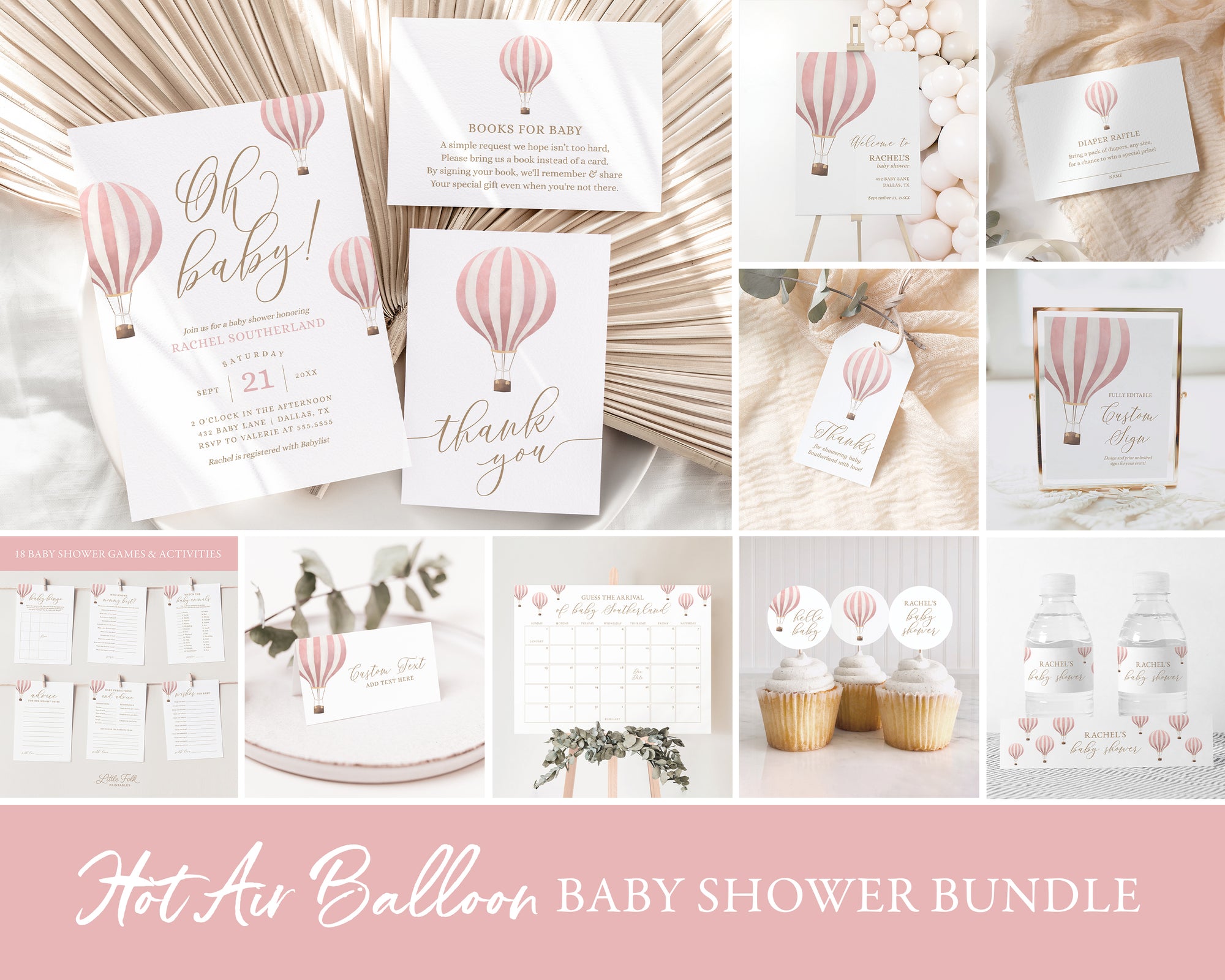Editable Pink Hot Air Balloon Baby Shower Invitation Bundle