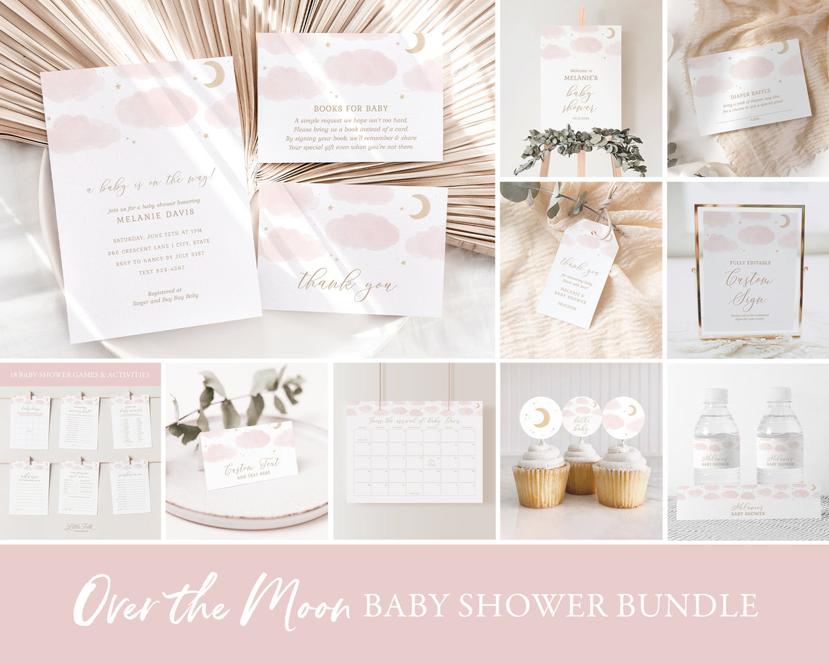 Editable Pink Over the Moon Baby Shower Invitation Bundle