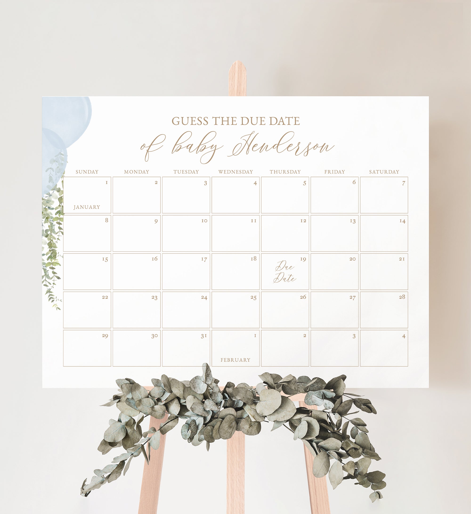 Blue Balloon Due Date Calendar Template