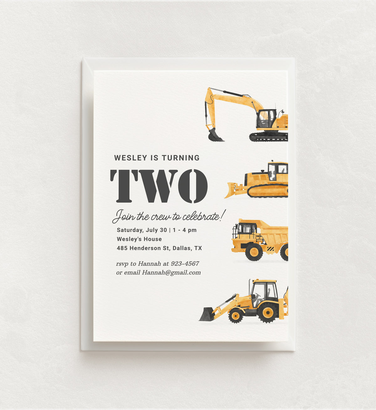 Editable Construction Vehicles 2nd Birthday Invitation Template