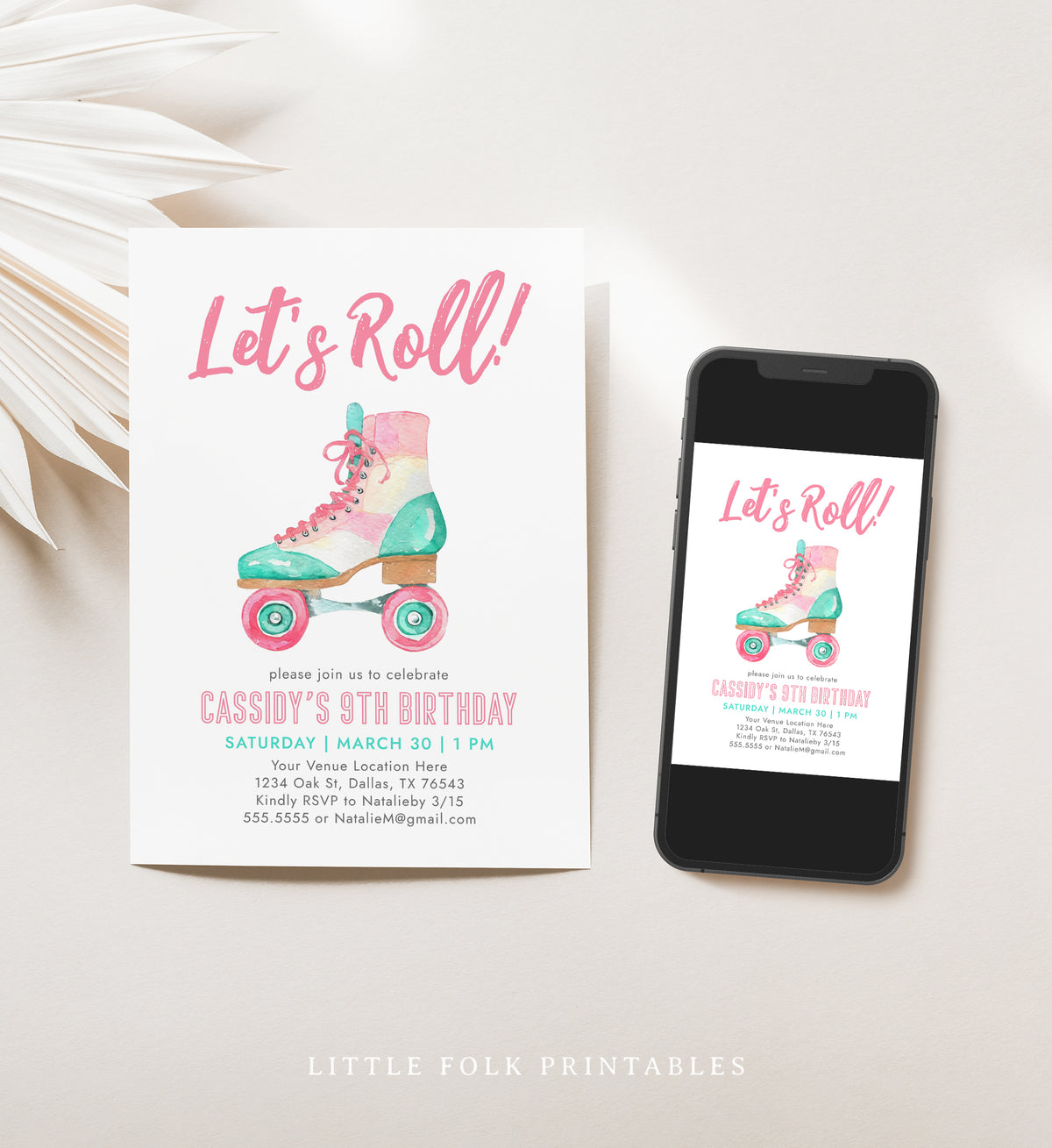 Editable Pink Roller Skate Birthday Invitation Template
