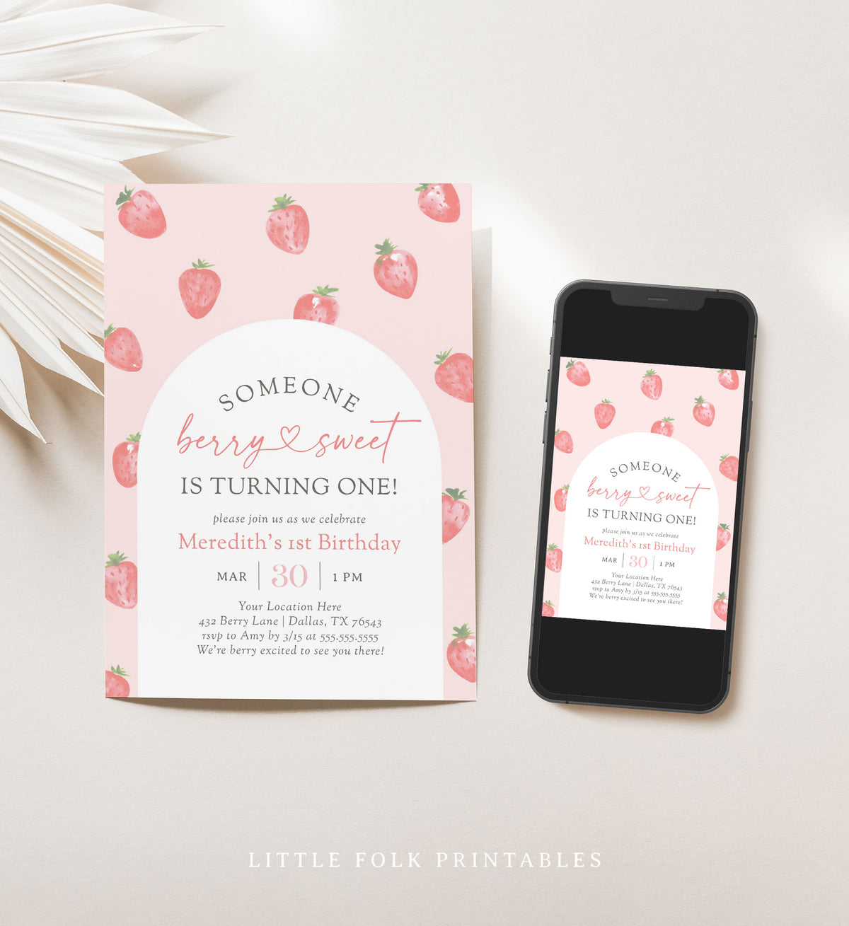 Editable Berry Sweet Strawberry Birthday Invitation Template