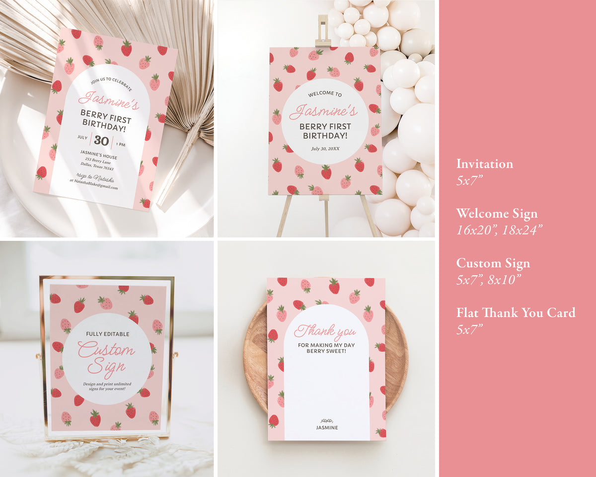 Editable Strawberry 1st Birthday Bundle