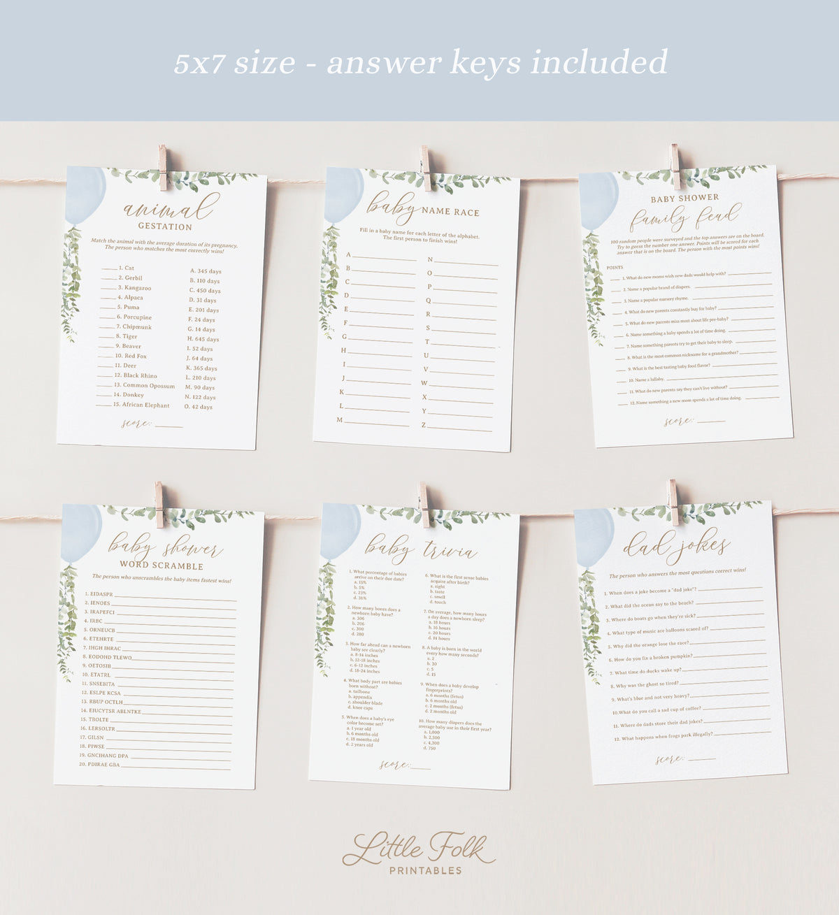 Editable Blue Balloon Baby Shower Games Bundle