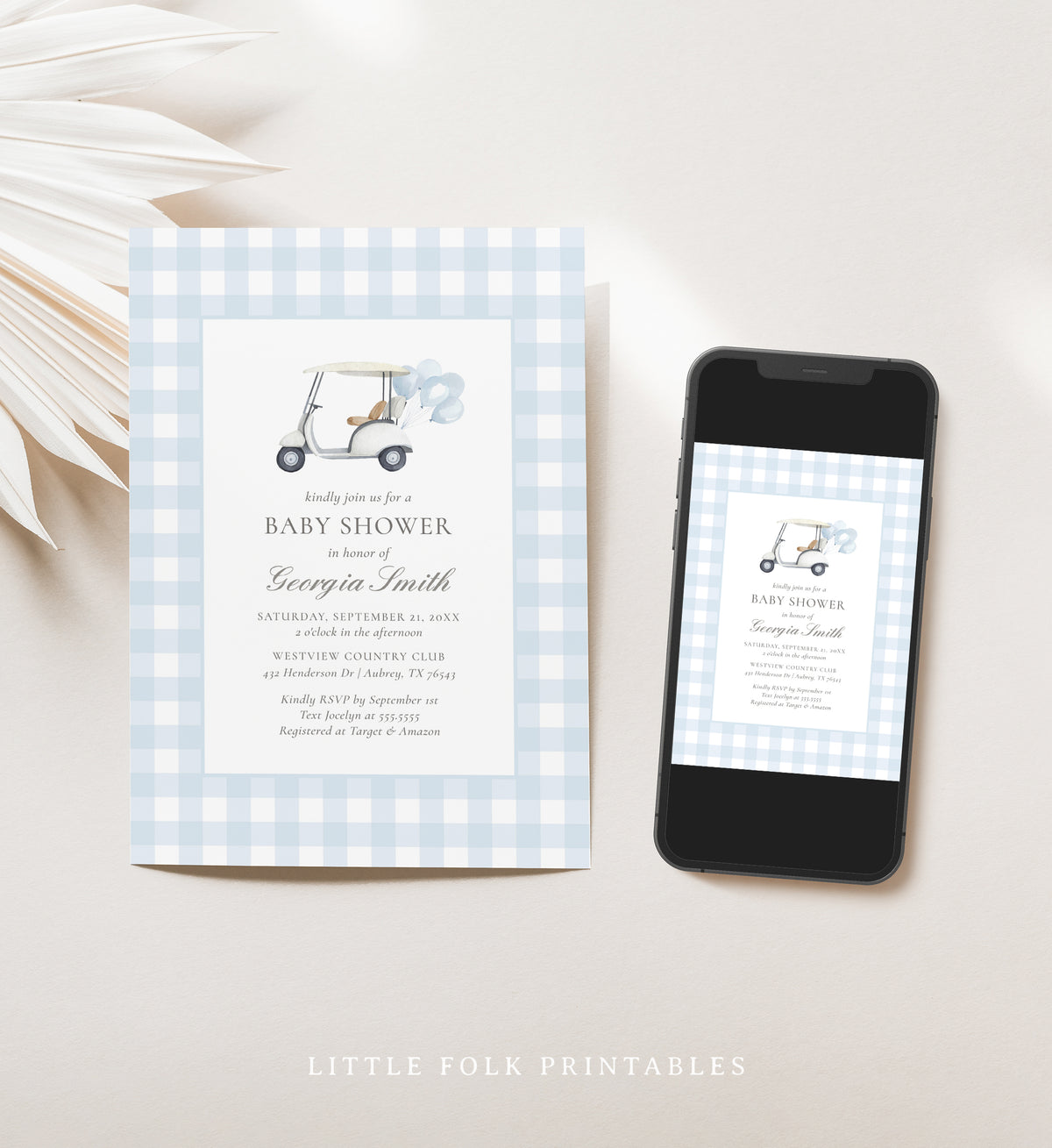 Editable Blue Gingham Golf Baby Shower Invitation Template