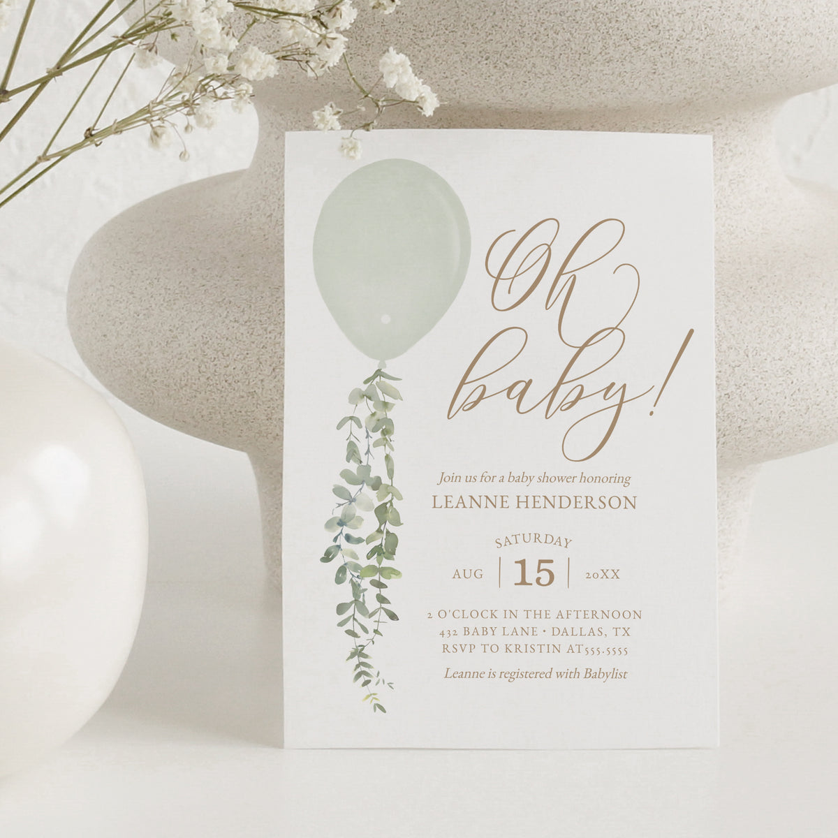 Editable Green Balloon Baby Shower Invitation Template